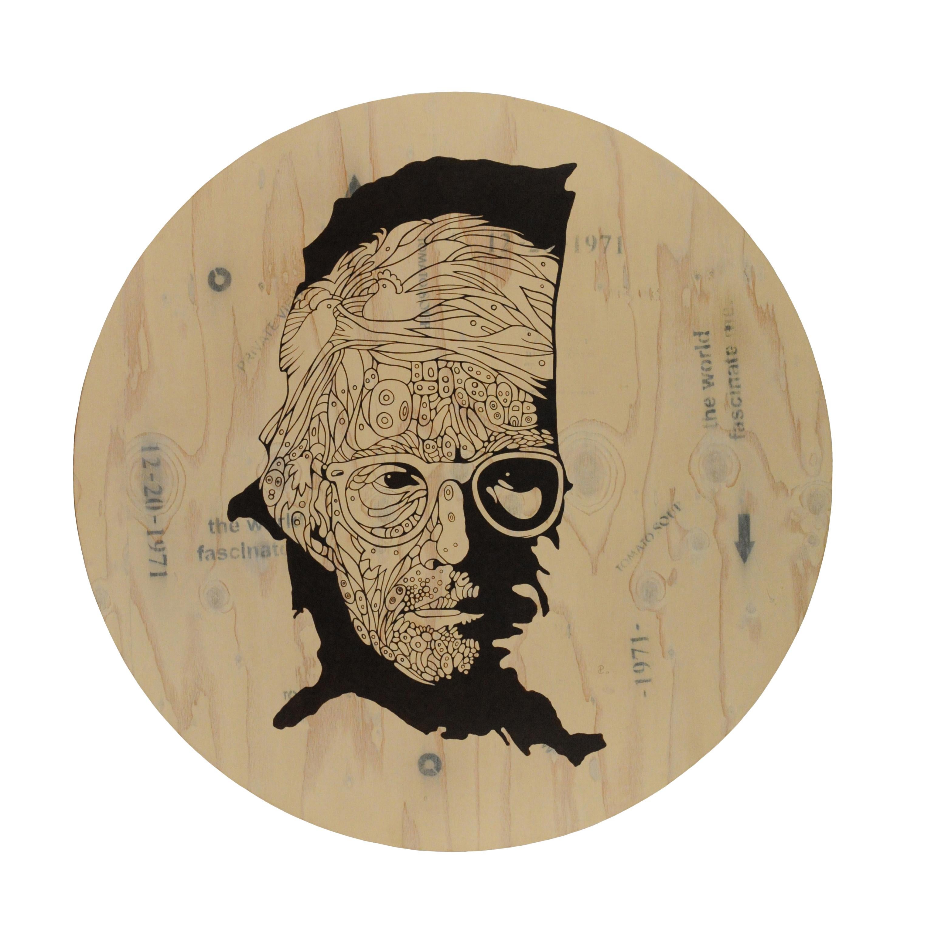 Pablo Caviedes Portrait Painting - Andy Warhol's portrait "On The Map" - Acrylic on wood, circle wall art