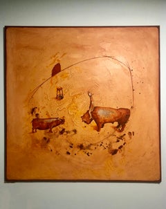 "A Scene of Agreement" - Acrylic painting, warm colors, Latin-American art