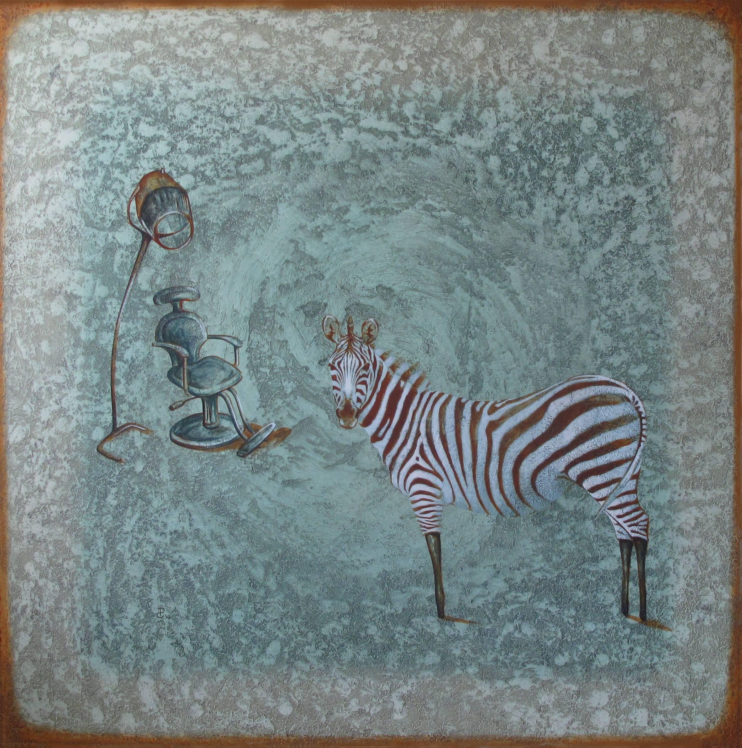 Pablo Caviedes Figurative Painting - "Beauty Deal" - Zebra painting, blue tones