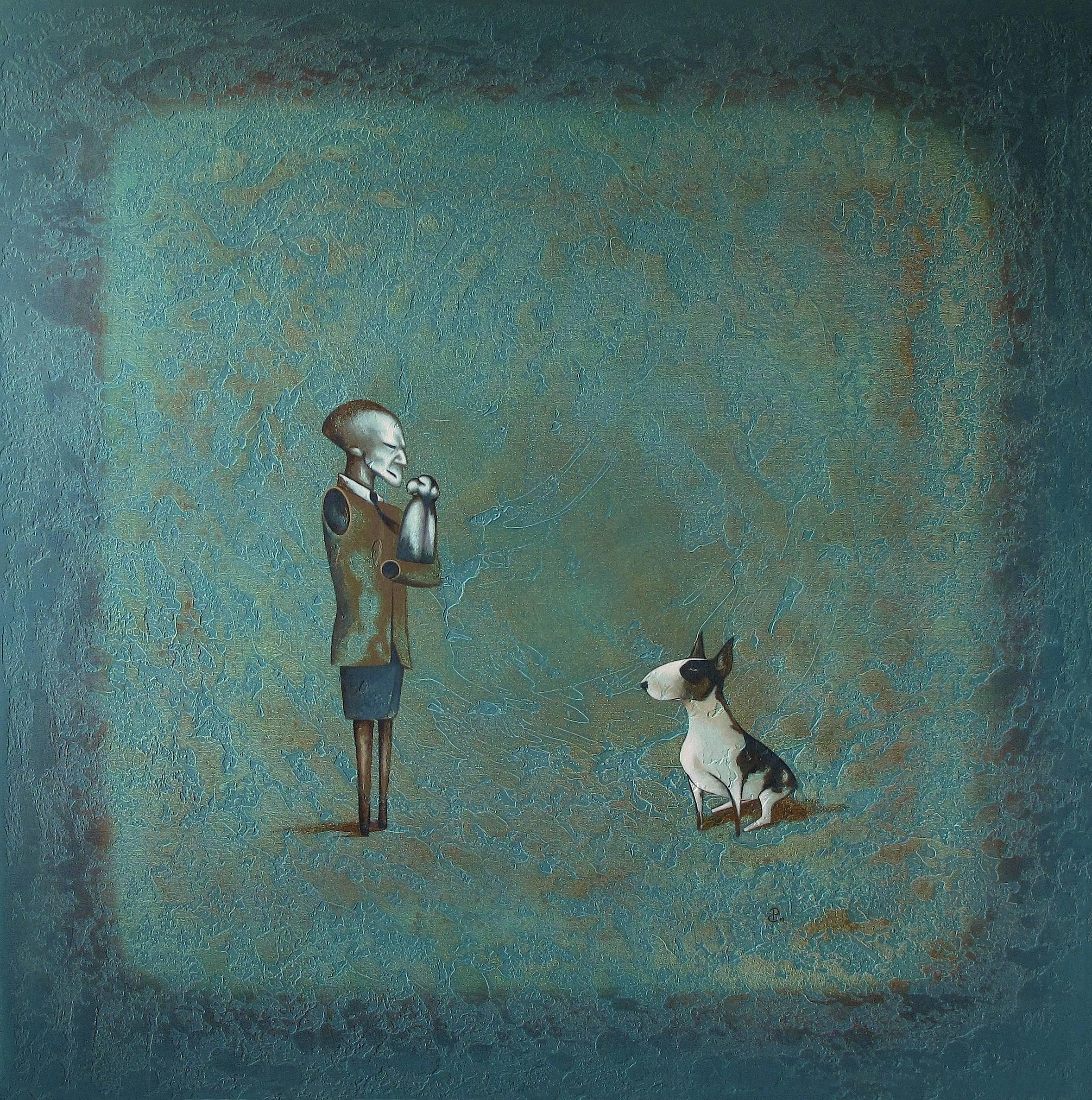 Pablo Caviedes Figurative Painting - "Look at that!" - Acrylic painting, blue tones