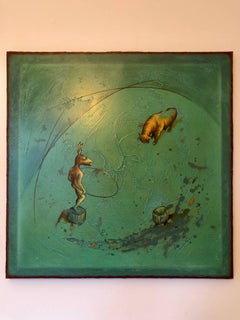 "Saltimbanco" - Acrylic painting, blue/green colors, Latin-American art