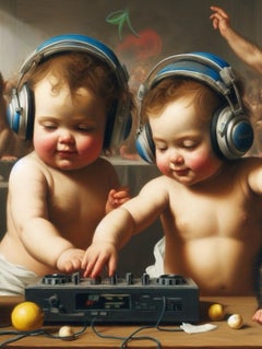 Surrealist "Babies DJ" Portrait inspired in Old Masters. Giclée Print