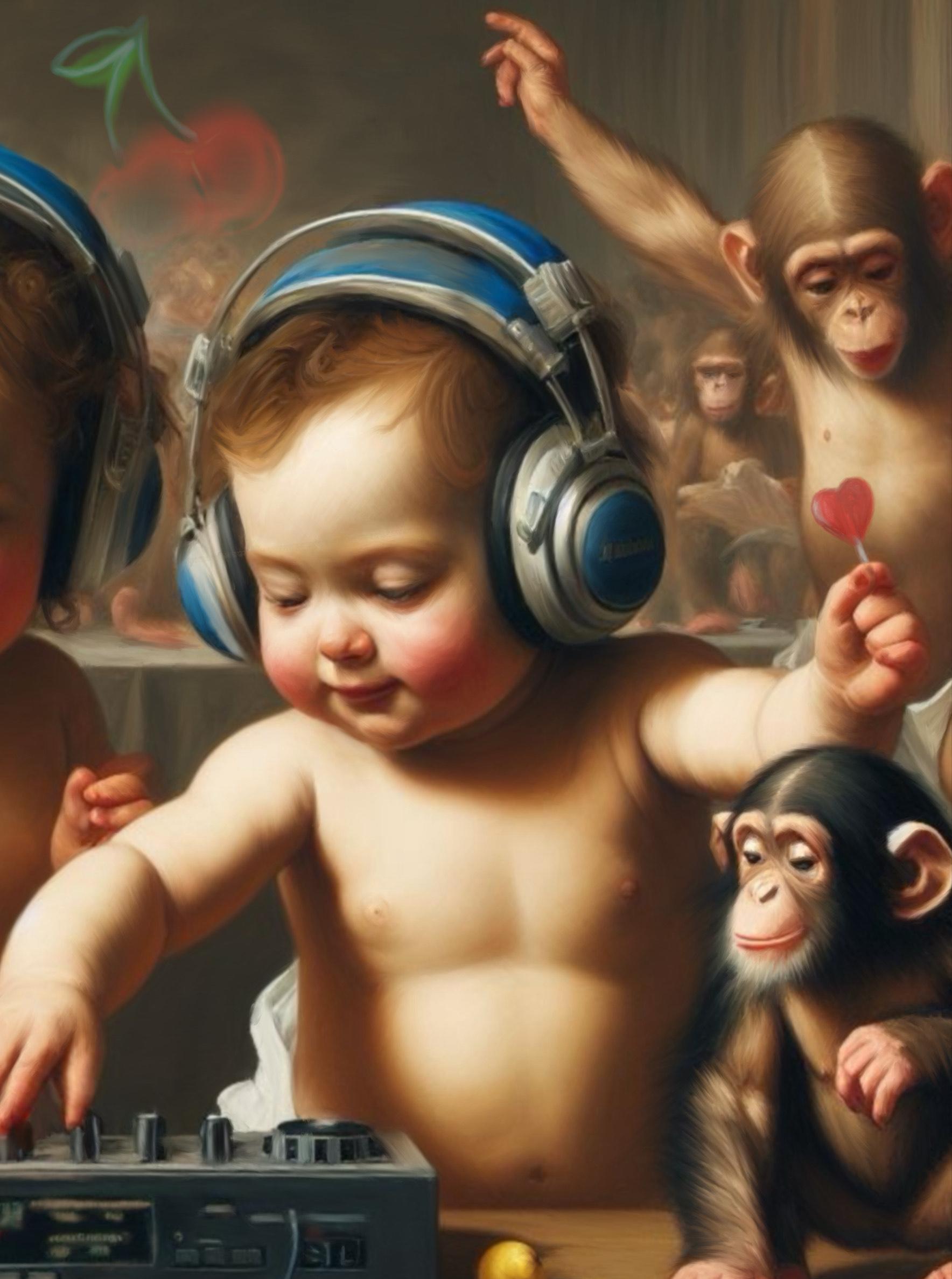 Babies DJ. 
Funny and touching image composed by Spanish artist Pablo de Pinini as a reinterpretation of past masterpieces, in which contemporary or futuristic elements burst in in unexpected and provocative ways.
Fine Art Giclée Pigmented Inkjet.