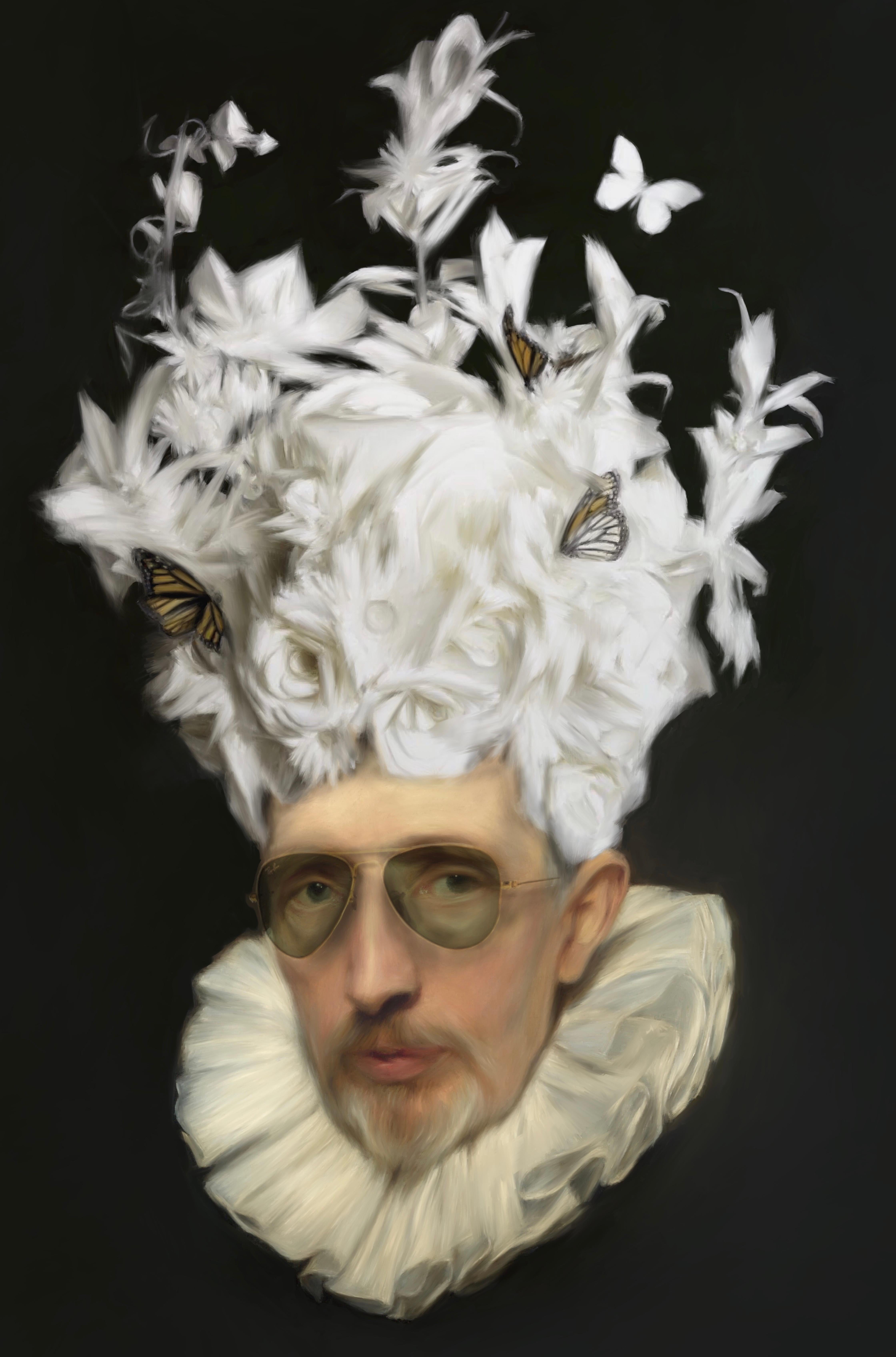 Baroque carnival. Surreal black and white portrait inspired in Old master's  - Print by Pablo de Pinini