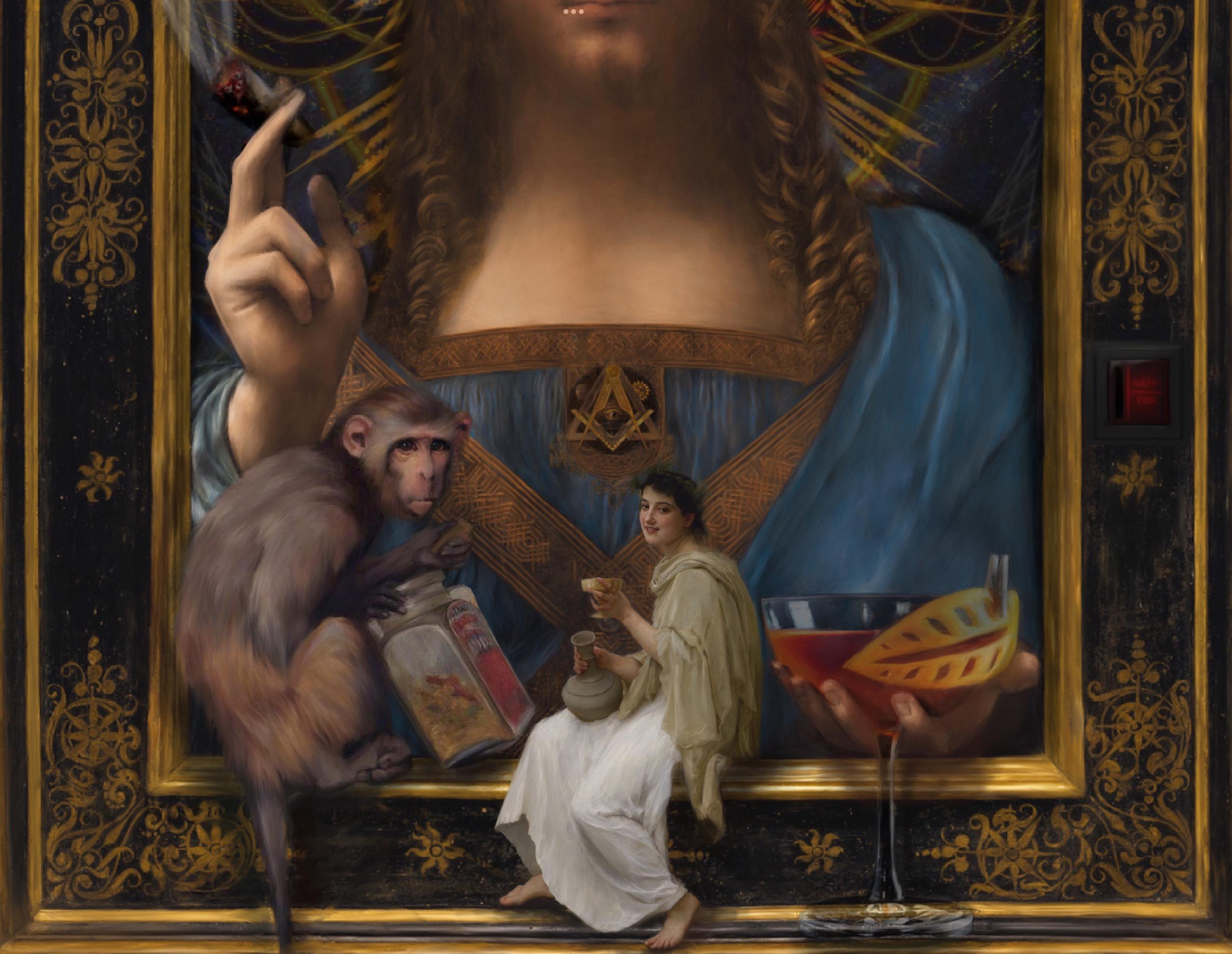 Chamán. Surrealist Ironic portrait inspired in Da Vinci´s Salvator Mundi. - Print by Pablo de Pinini