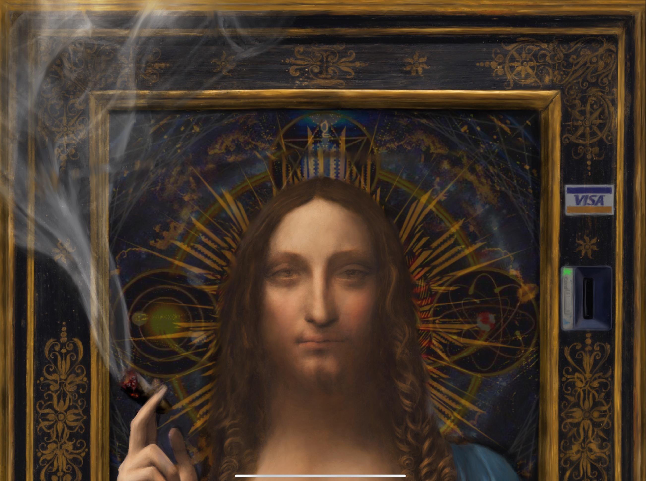 ¨Shaman¨, inspired by Leonardo da Vinci's Salvator Mundi, recreates the theme of ancient automatic machines that told the future.
The extraordinary image of Leonardo da Vinci's Salvator Mundi is transformed by Pablo de Pinini through thematic nods