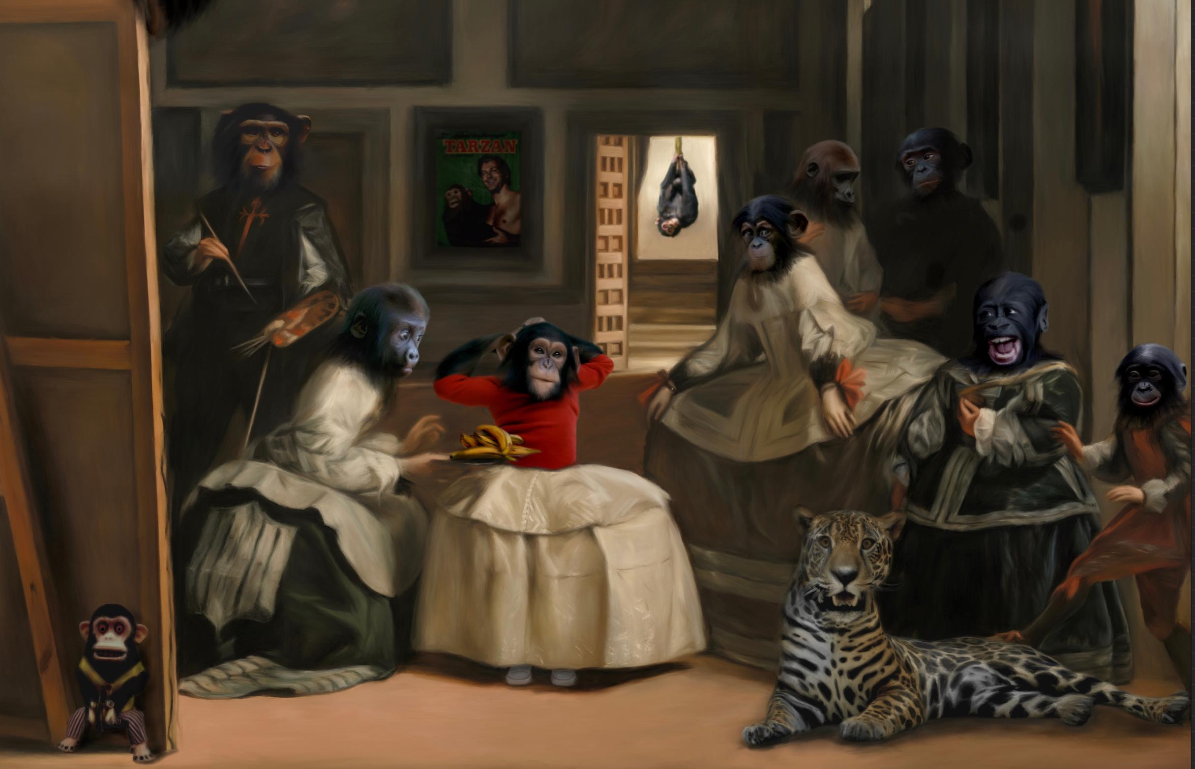 Moninas. Comical palace scene inspired by Las Meninas, Velazquez's masterpiece.  - Surrealist Print by Pablo de Pinini