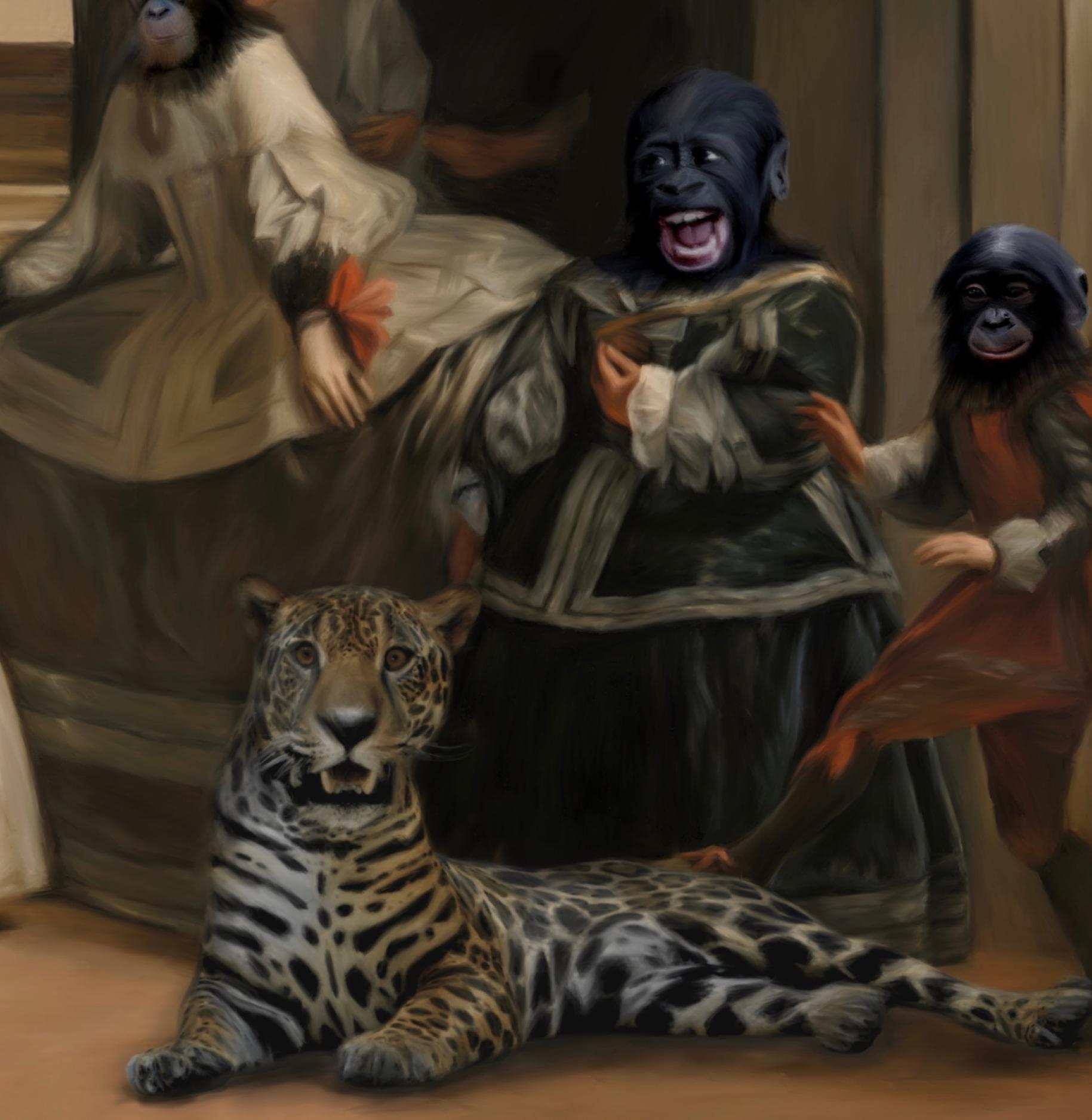 Moninas. Comical palace scene inspired by Las Meninas, Velazquez's masterpiece.

Fine Art Giclée Pigmented Inkjet. Digital painting printed on museum quality canvas. Edition of 10.
Dimensions in centimetres 100 x 110 x 3 cm
In inches  43.31 x 39.37