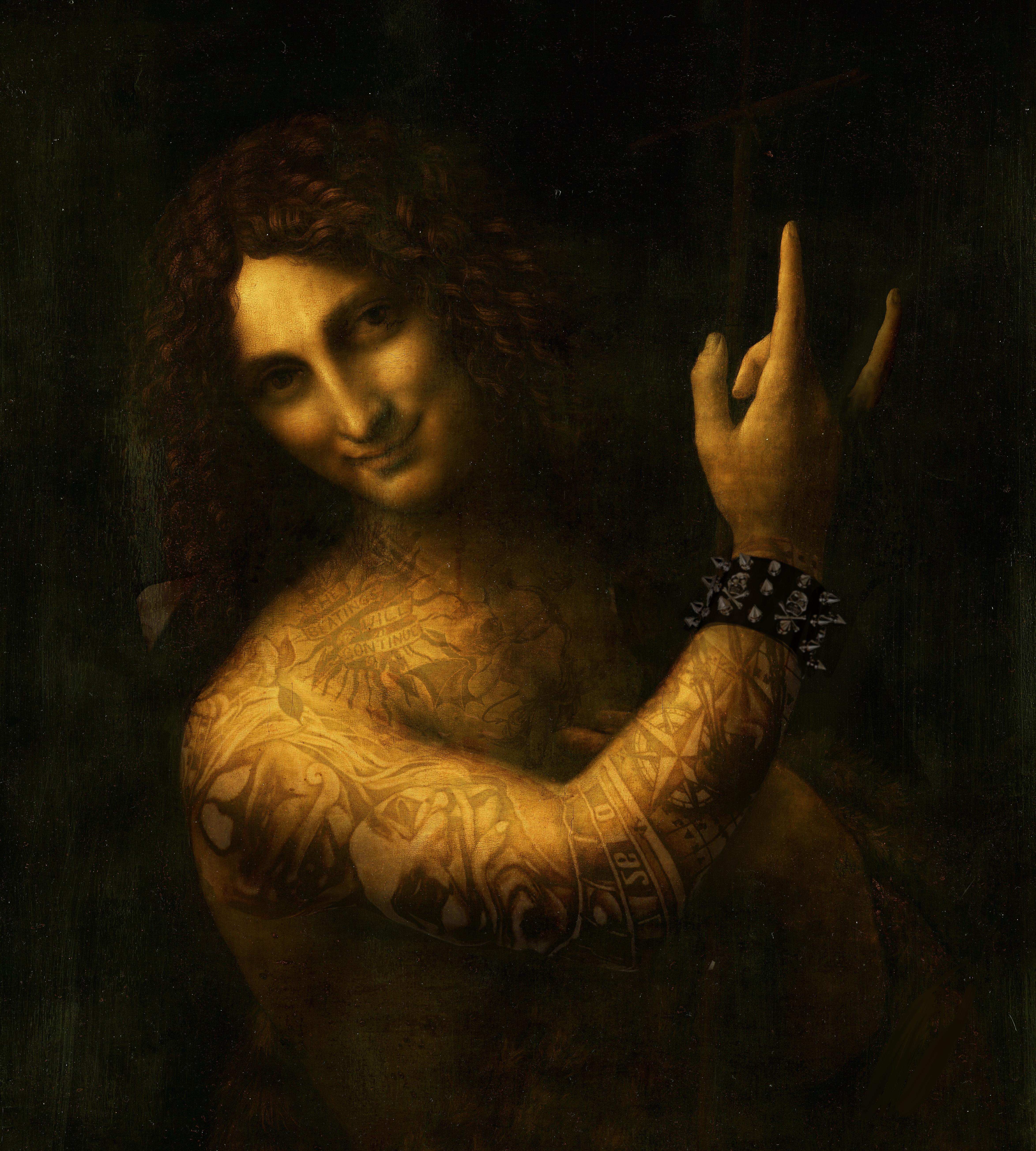 Pablo de Pinini Figurative Print - Rock Star. Based on the portrait of Saint John the Baptist by Leonardo da Vinci