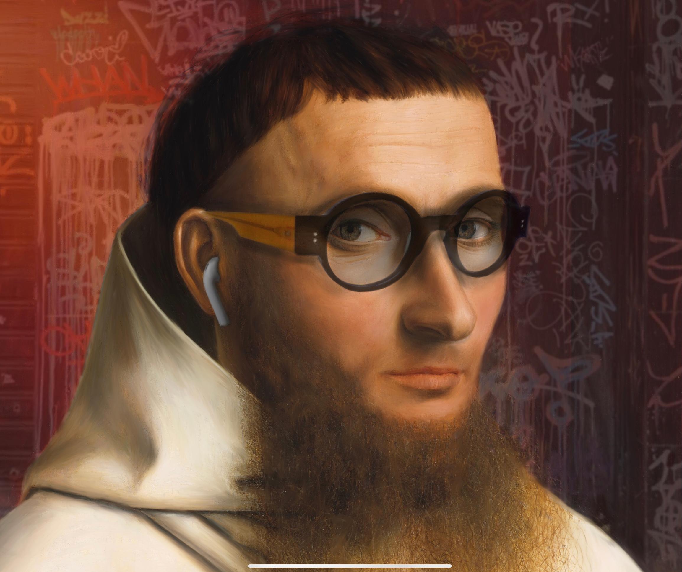 The hipster with his fly. Surreal portrait based in old masters. - Print by Pablo de Pinini