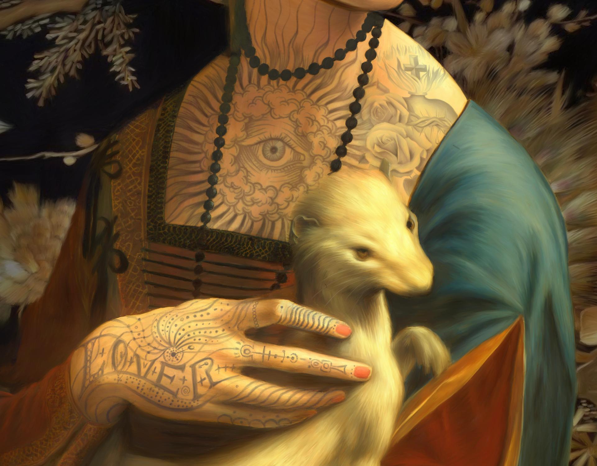 The Ink Lady. Based on the portrait Lady with an ermine, by Leonardo da Vinci.
Fine Art Giclée Pigmented Inkjet. Digital painting printed on museum quality canvas. Edition of 7.
Dimensions in centimetres 73 x 50 x 3 cm
In inches  28.74 x 19.69 x