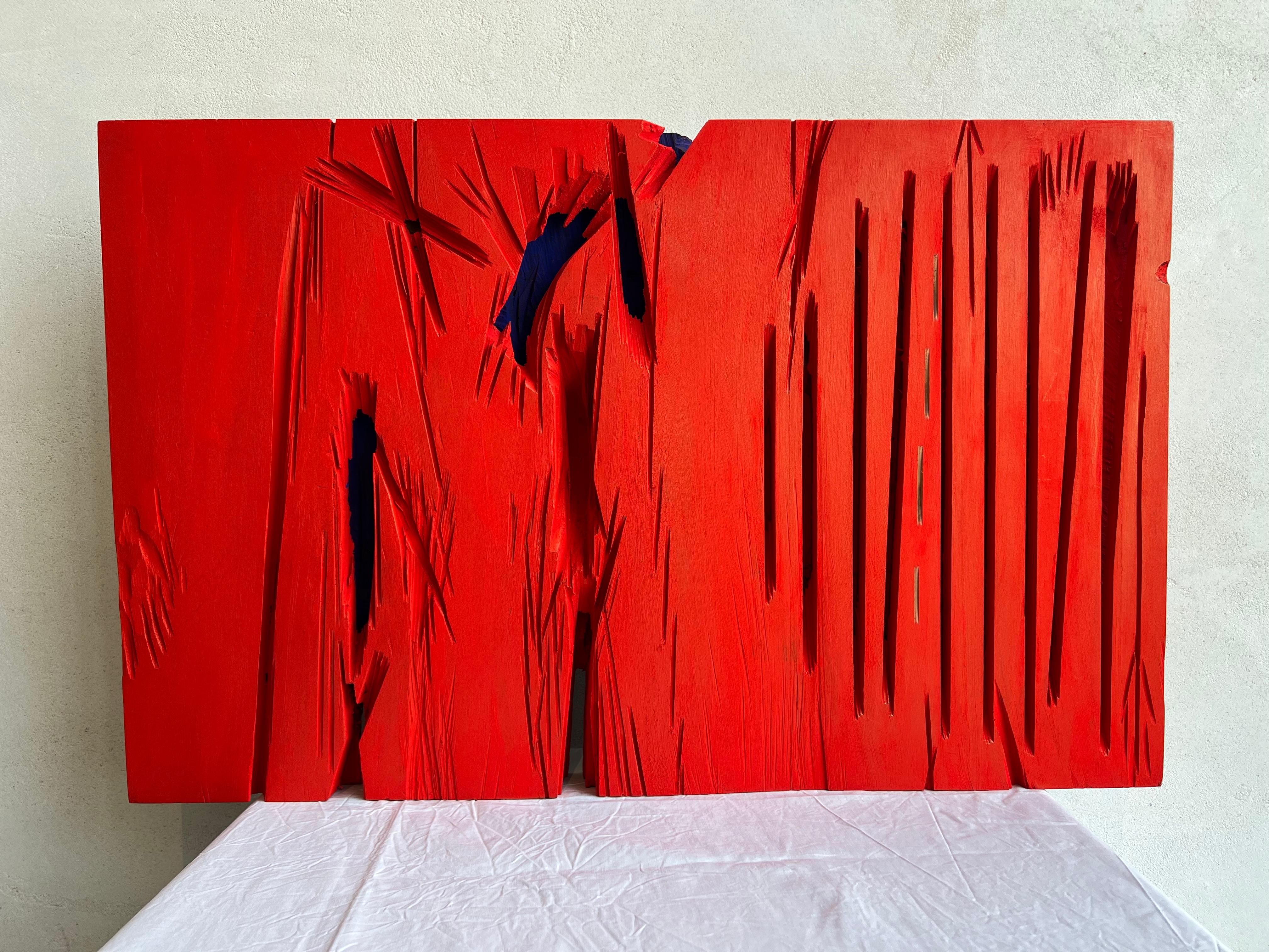 Cherry wood treated and stained with natural rust, red and blue dyes - Brown Abstract Sculpture by Pablo Maojo