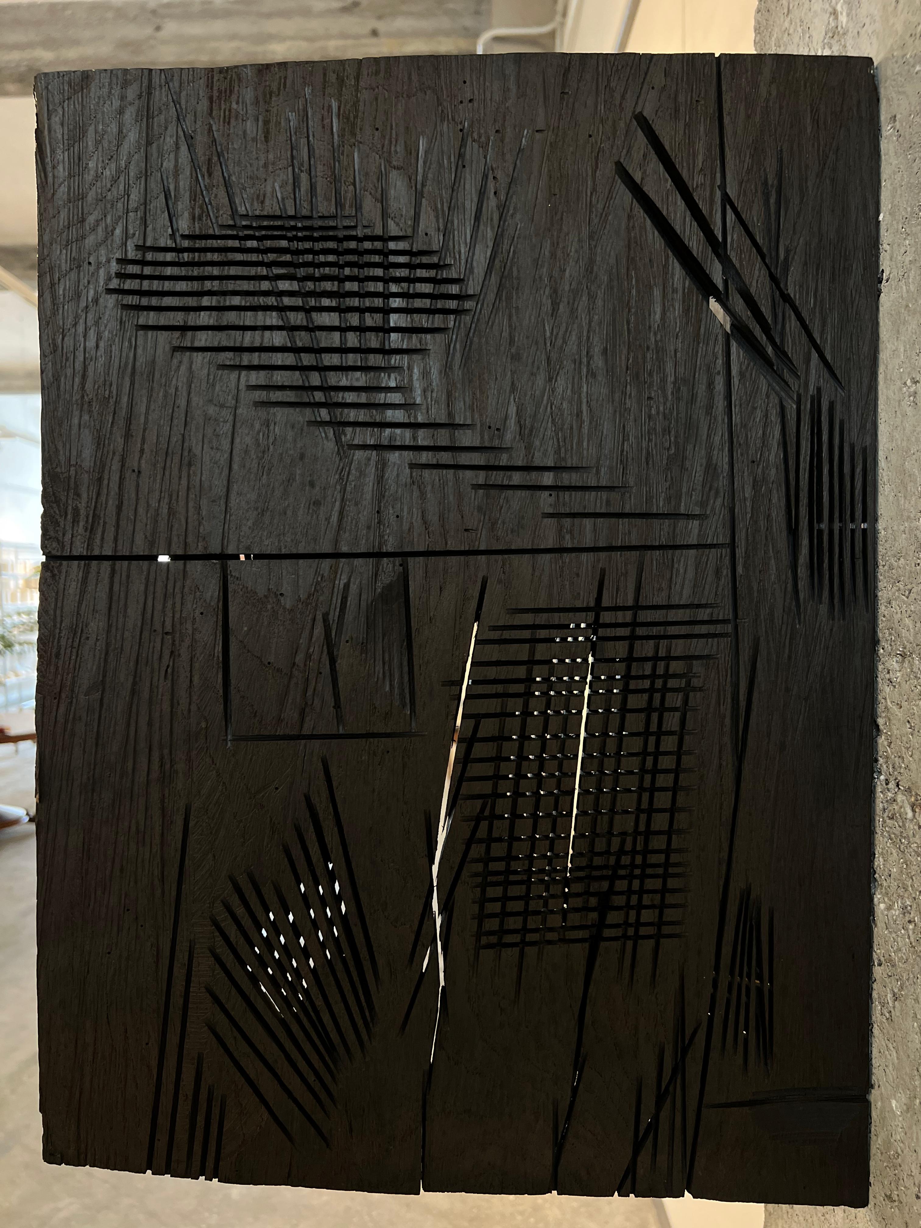 Still-Life Sculpture de Pablo Maojo - Escultura mural, ventana enrejada de madera de roble negro , tapiz de luz natural