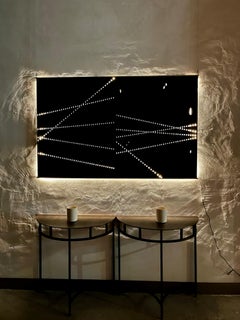 Wall sculpture made of oak wood cut and steel with light and natural pigments