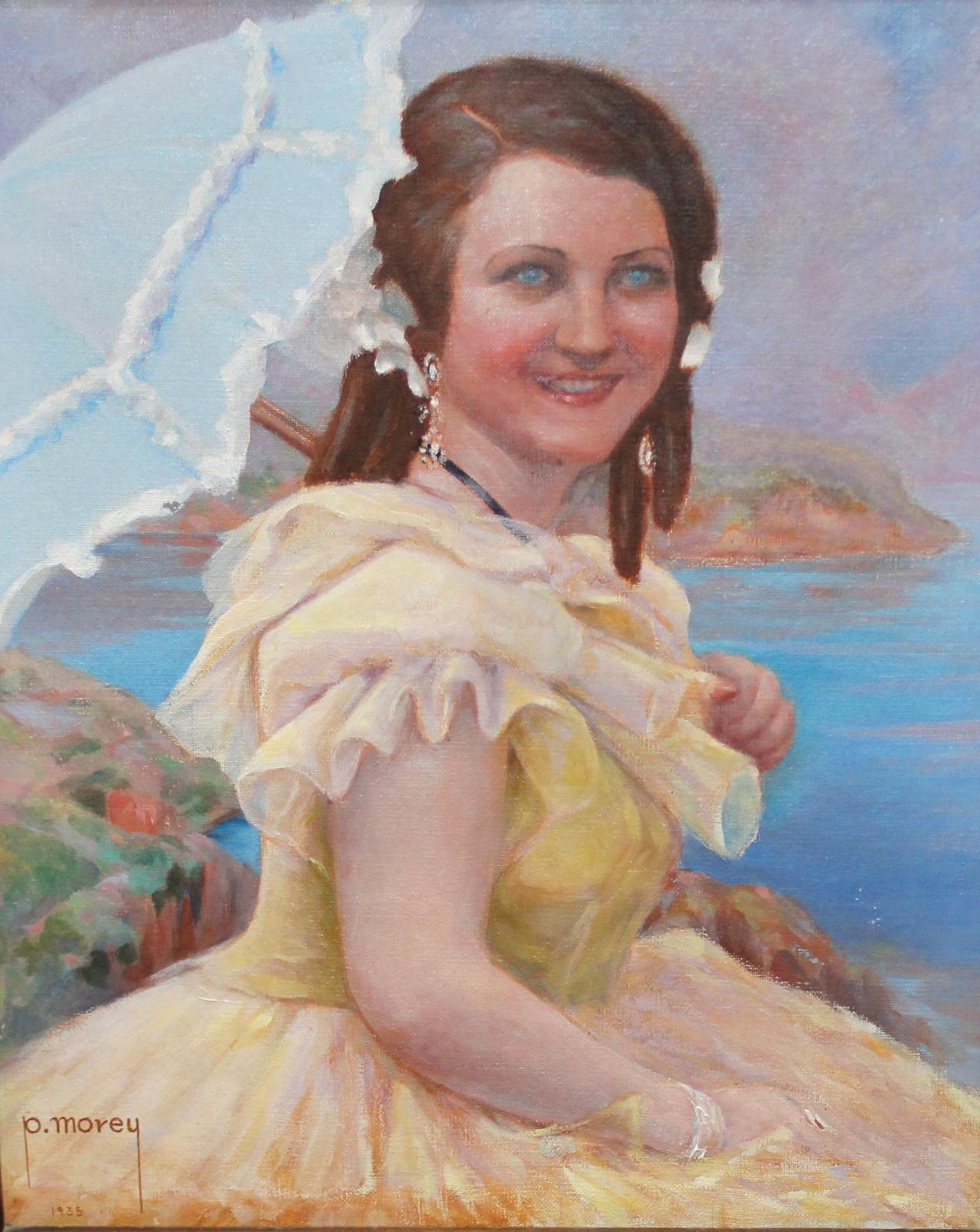 Pablo Morey Gralla  Figurative Painting - Mallorcan Woman with Parasol Oil Painting on Canvas, Framed, Signed, 1935