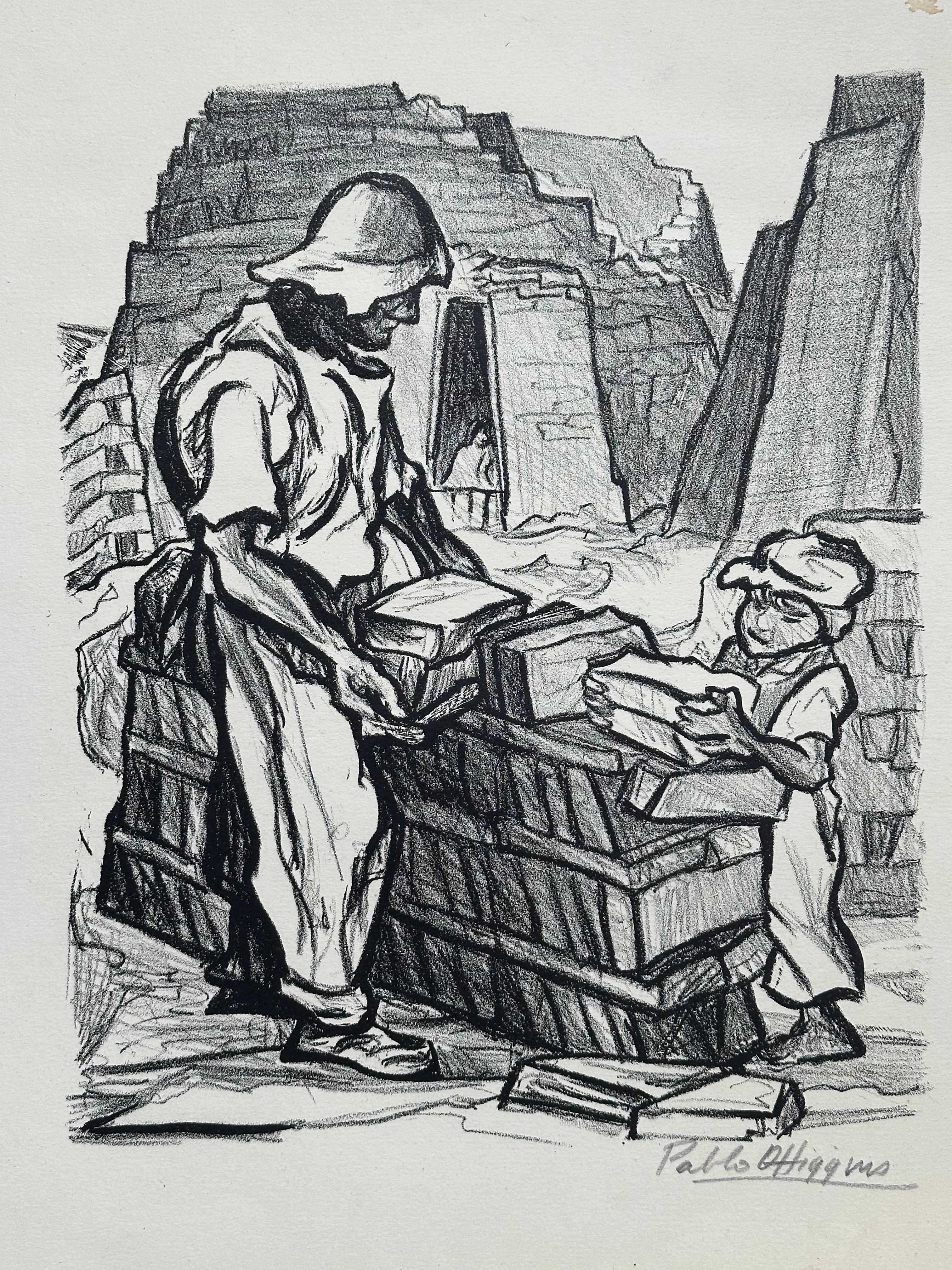Pablo O'Higgins Figurative Print - The Bricklayer & His Son (Mexican Artist)