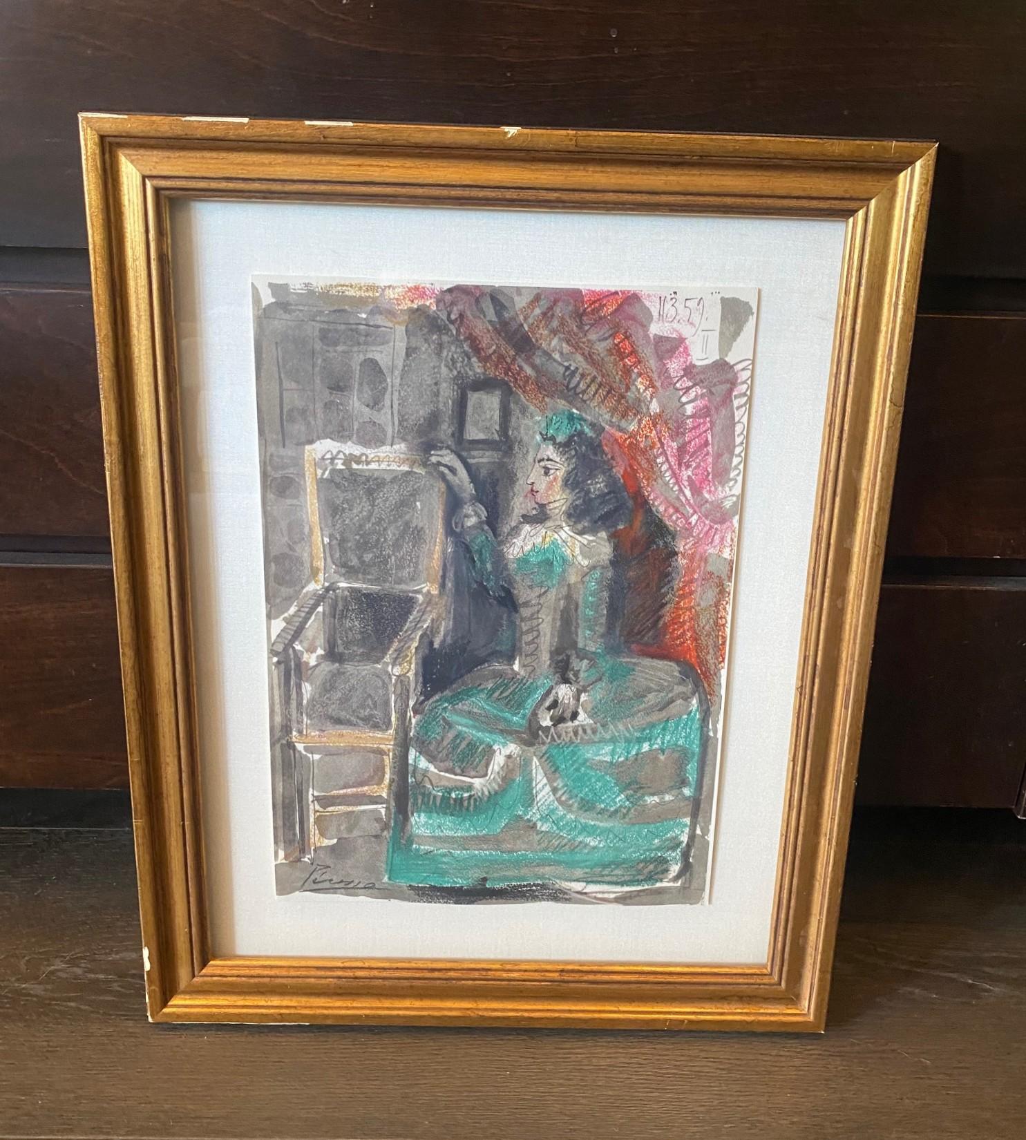 Una litografia meravigliosamente immaginata e dai colori vivaci dell'artista spagnolo Pablo Picasso (1881-1973) raffigura una donna barocca ornata, probabilmente spagnola, con la mano sullo schienale di un'alta poltrona.  L'abito colorato di An He