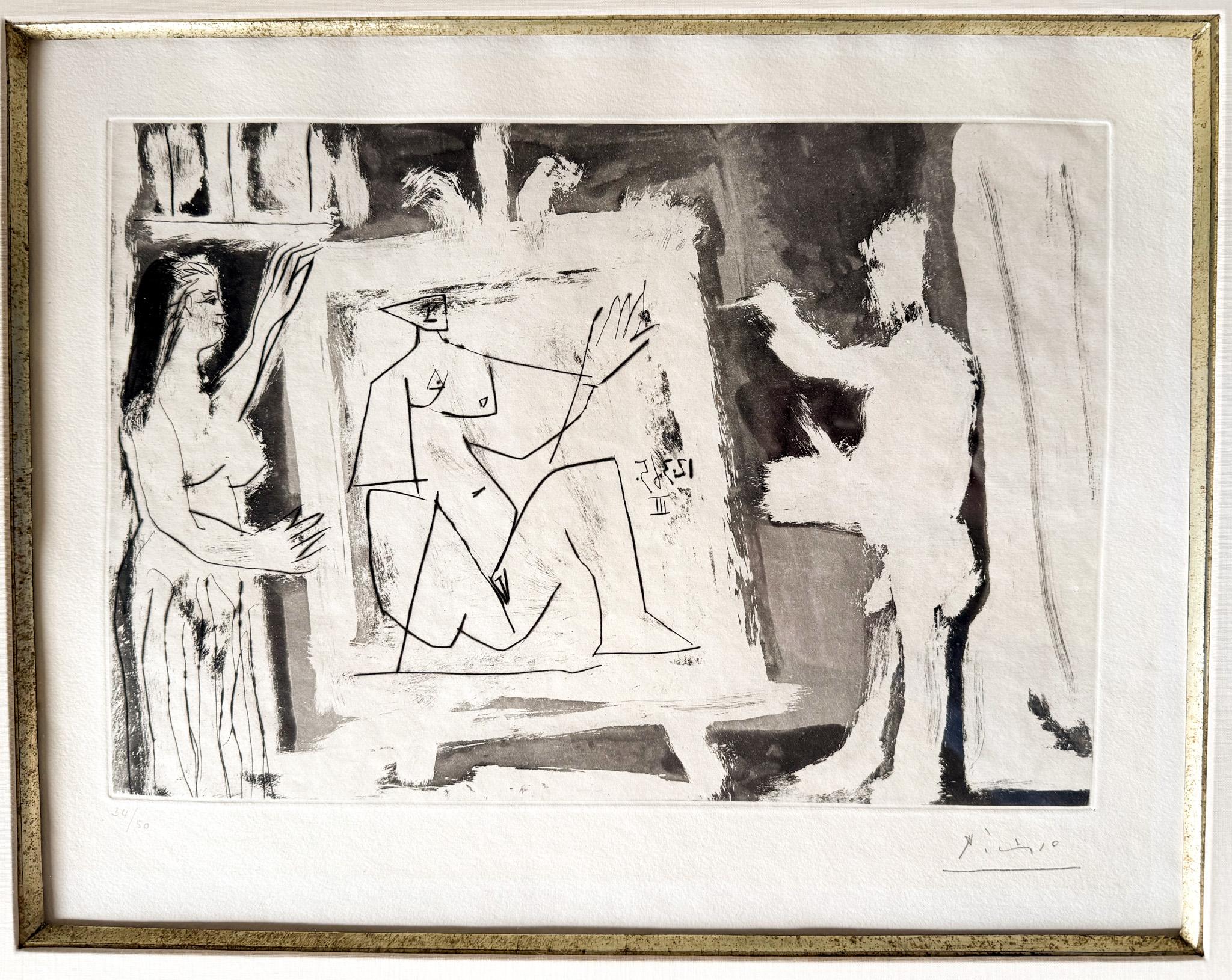 Aquatint and drypoint etching by Pablo Picasso titled “Dans l’Atelier III,” executed in 1965. Number 34 from an edition of 50. Signed l/r Picasso, numbered lower left. In a custom gilt-edged gesso frame under glass.

Since Picasso first took to the