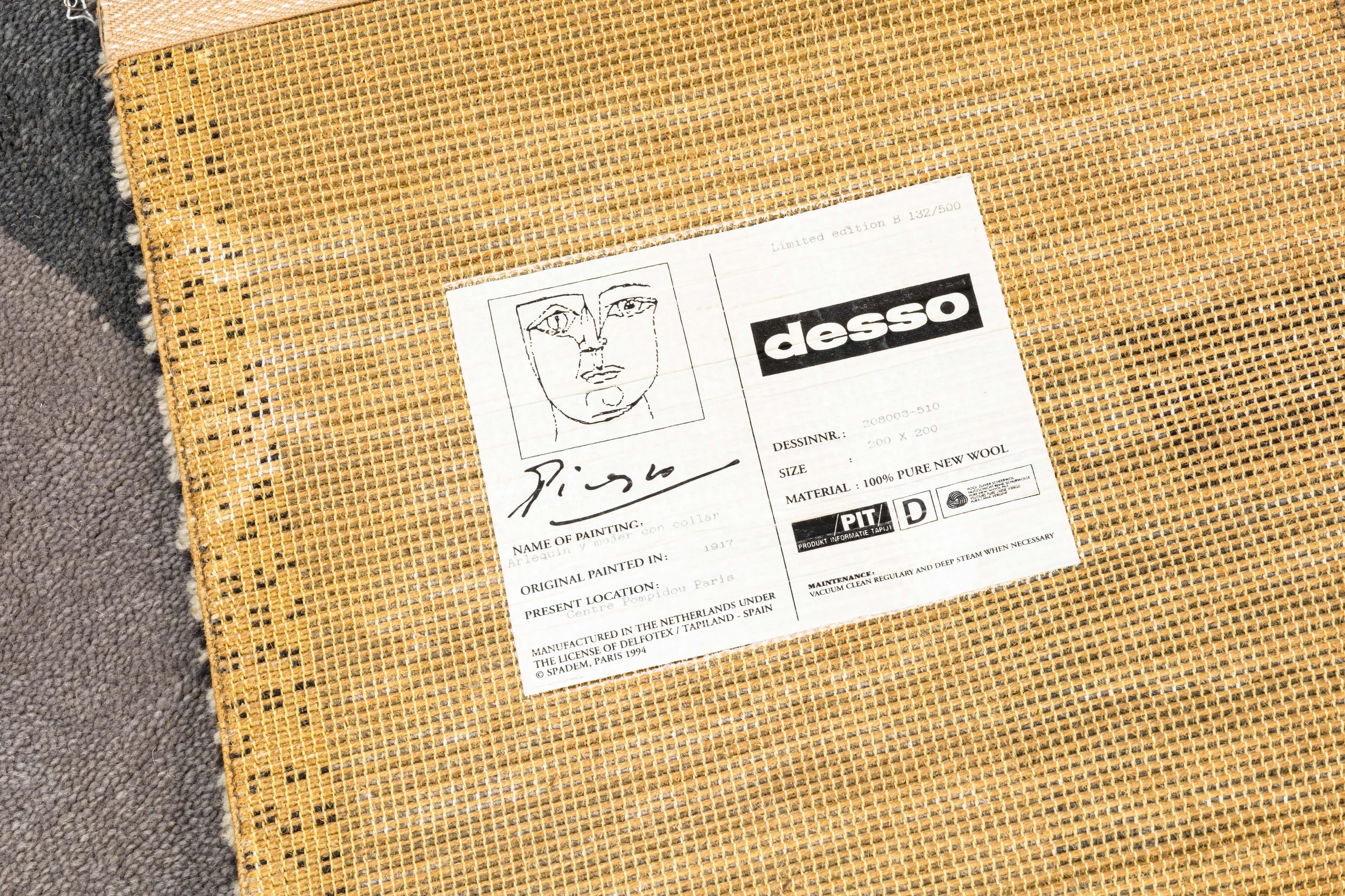 Pablo Picasso Arlequin v Mujer Con Collar Modern Wool Rug 132/500 by Desso 1994 For Sale 3