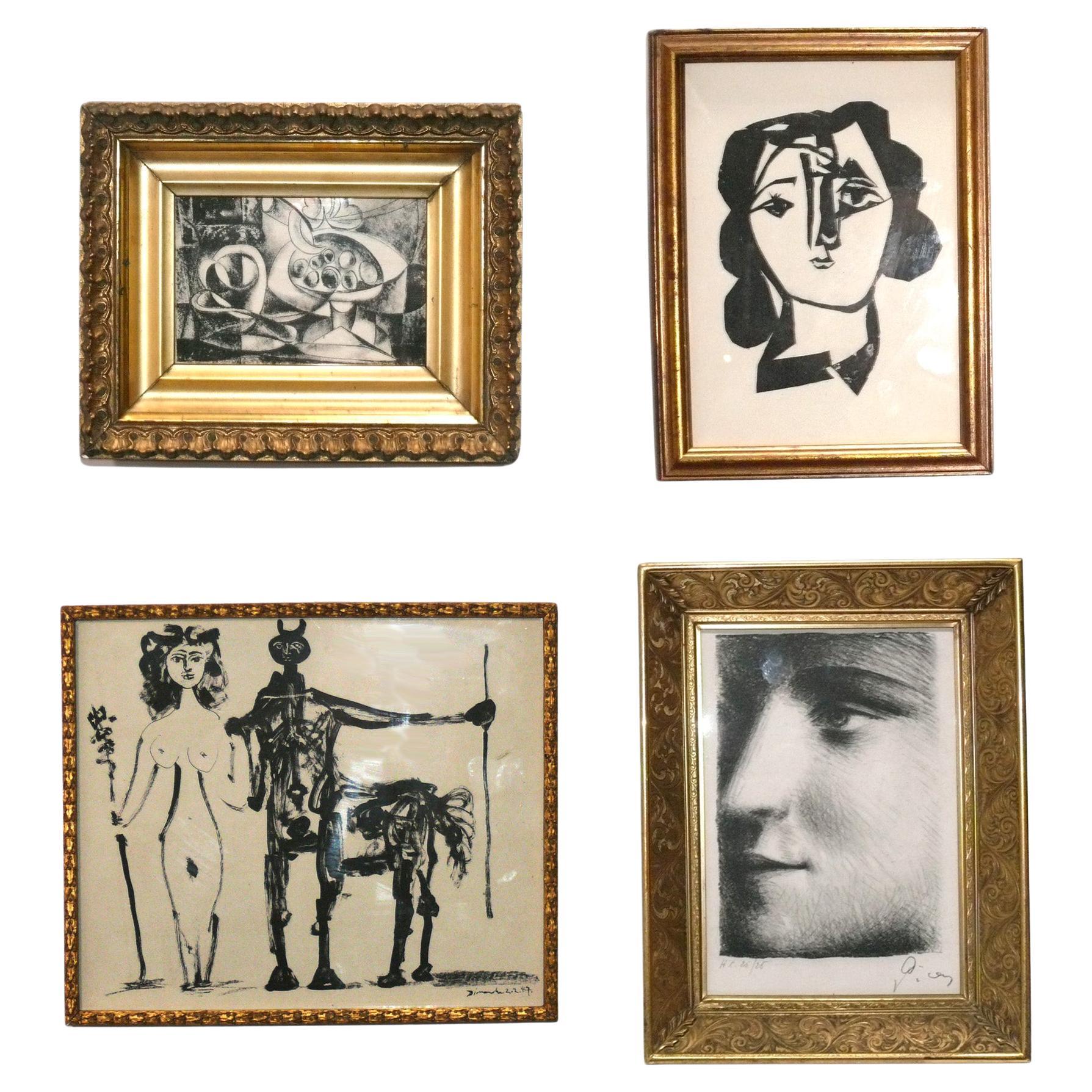 Pablo Picasso Black and White Prints in Vintage Gilt Frames For Sale