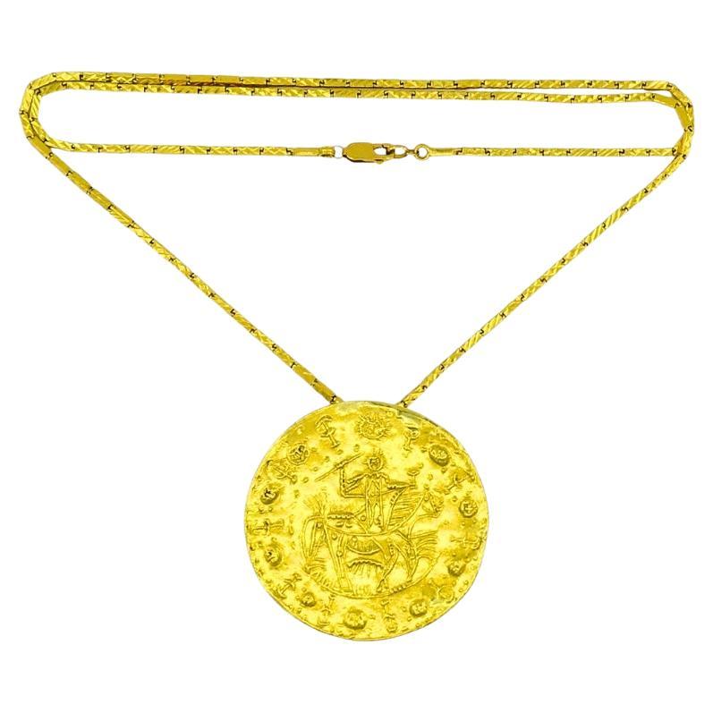 Pablo Picasso Design Faune Cavalier 23k Gold Medallion Pendant Estate Jewelry