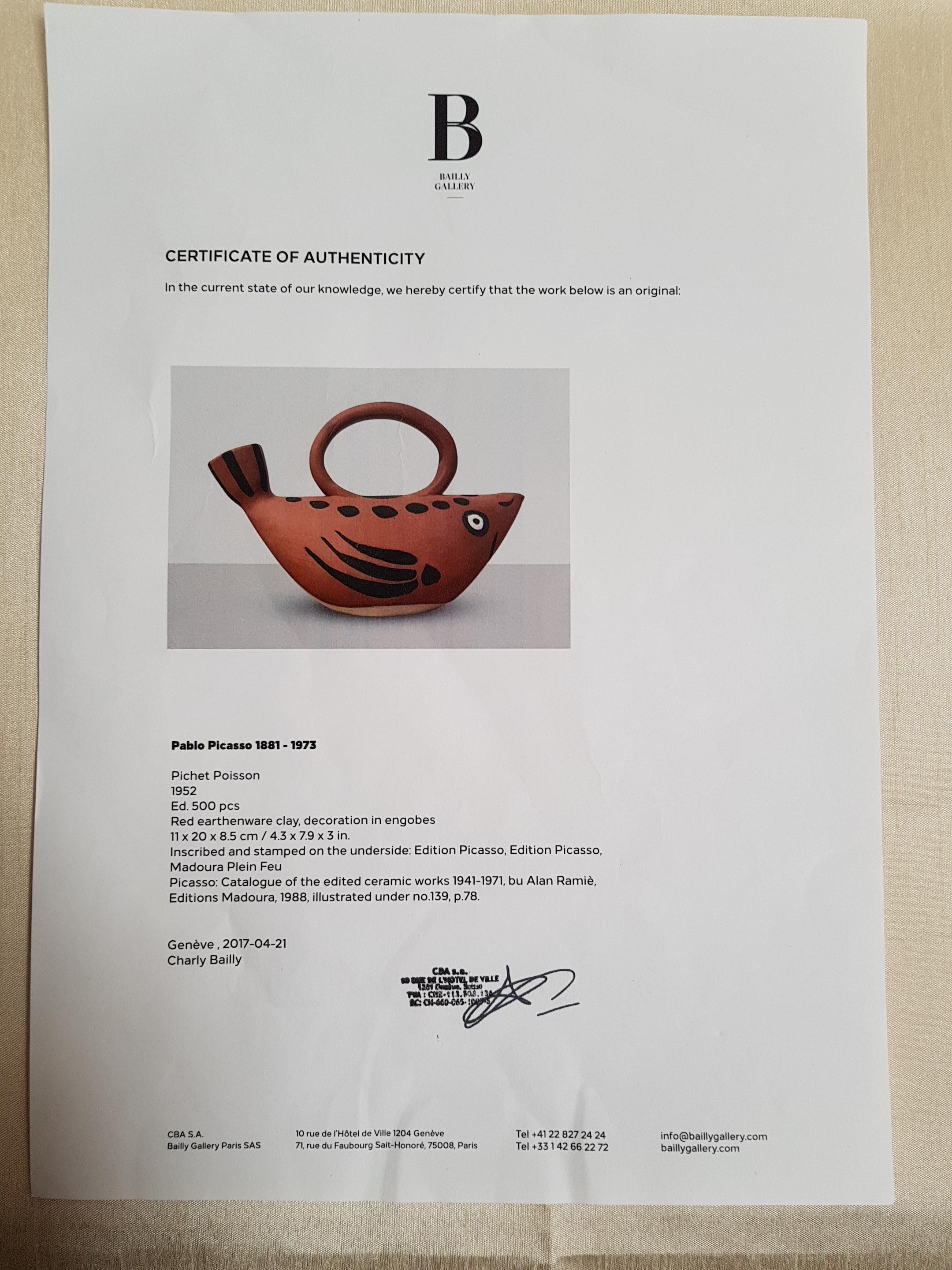 Pablo Picasso Fish Sujet Poisson Madoura Ceramics Limited Edition Pitcher AR 139 For Sale 1