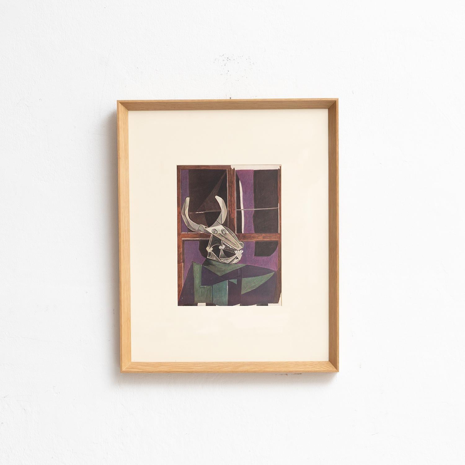 Adéntrate en el brillo intemporal de Pablo Picasso con este extraordinario cliché en color, editado con maestría por Editions du Chêne en París, Francia, en 1943. Adornado con un impresionante marco de madera maciza de 54 cm de ancho, 43,5 cm de