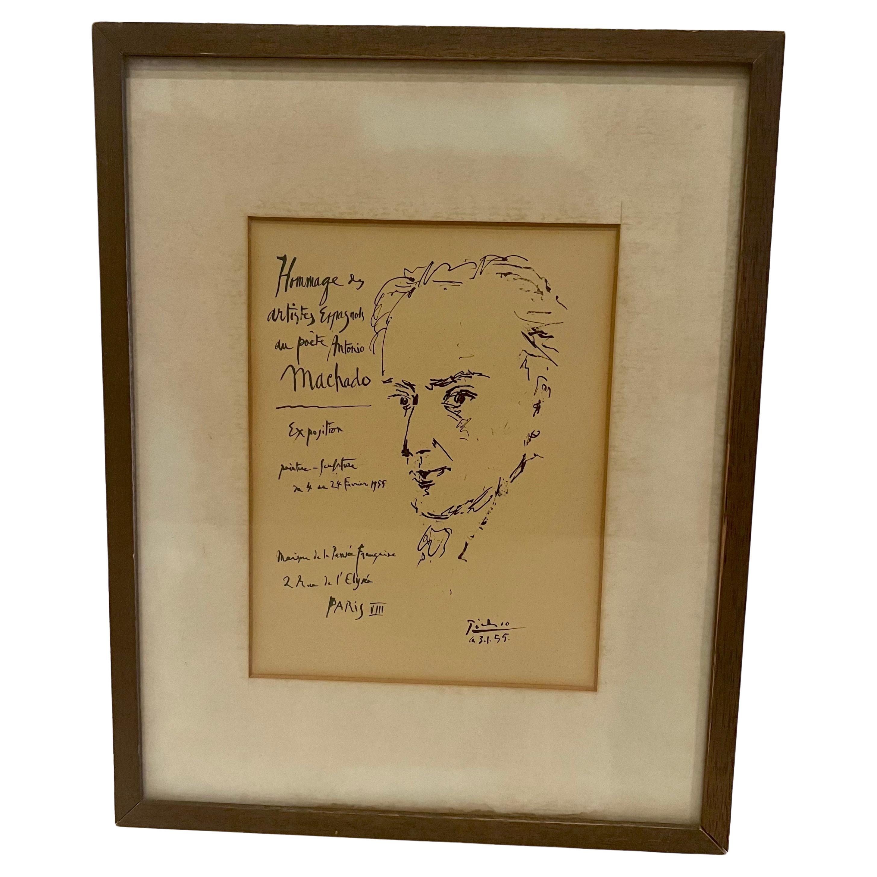 Nicely framed original vintage lithograph in a walnut frame with glass, hommage to Antonio Machado Poet.