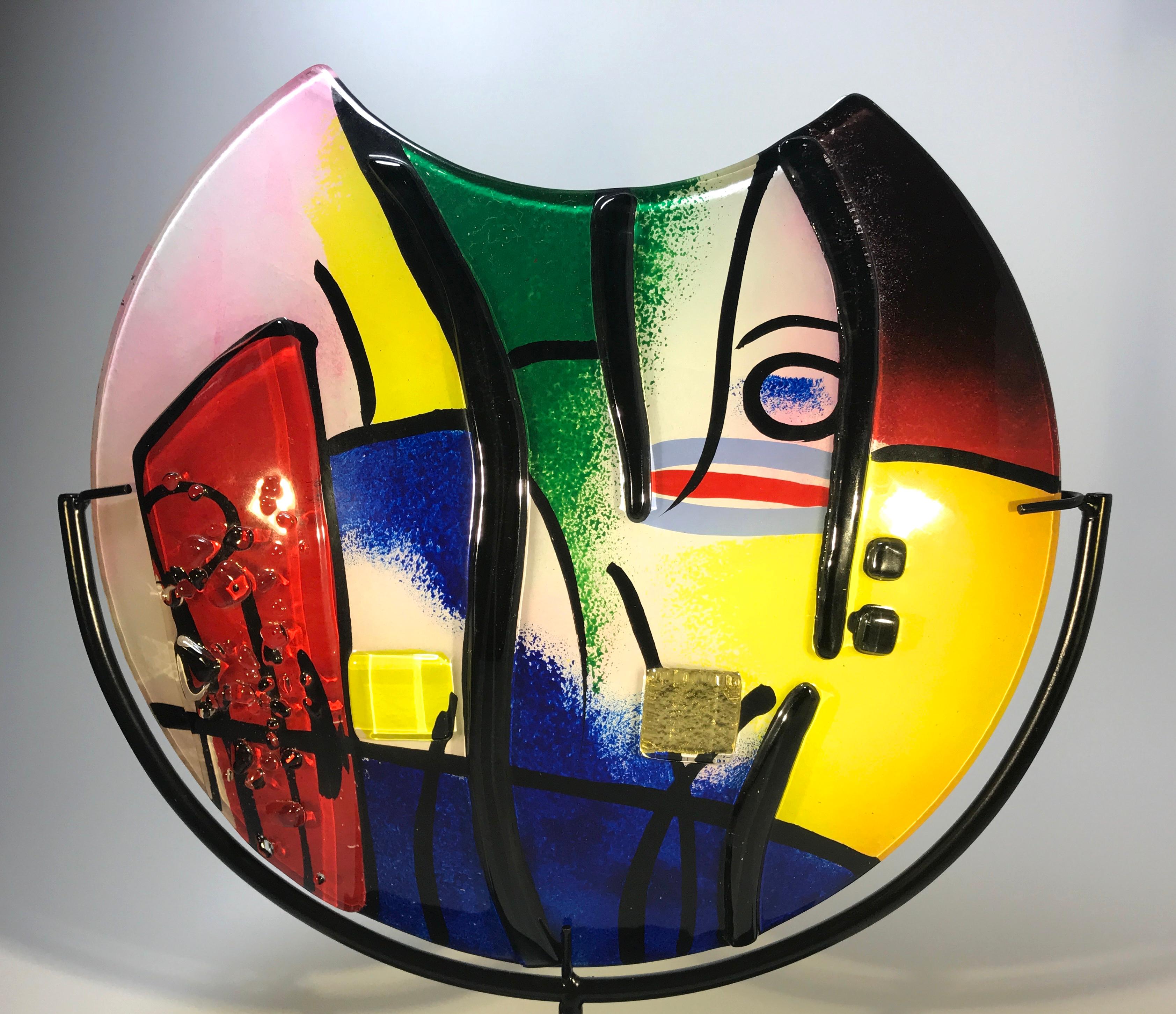 Fired Pablo Picasso Inspired, Abstract Italian Fused Modern Art Glass Sculpture Vase For Sale