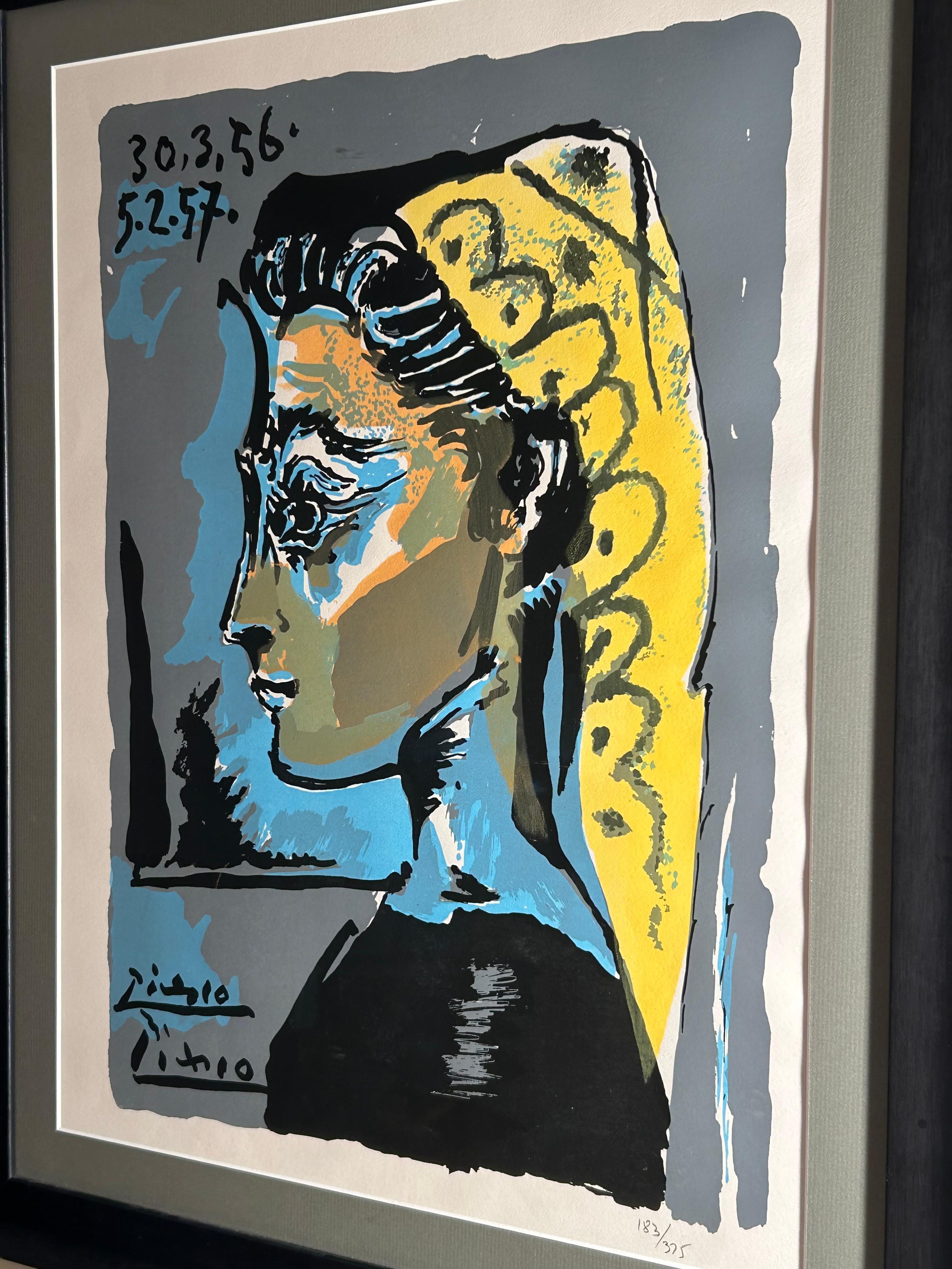 A beautiful depiction by Pablo Picasso of his final muse Jacqueline Roque with matted frame.
Hand numbered 183/375 as part of the limited series of lithograph's.
Lithograph dimensions: 21.5