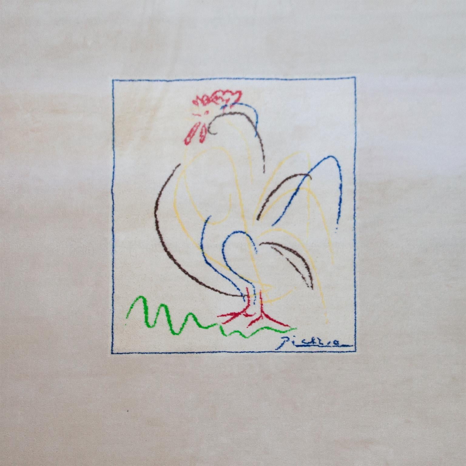 Artist rug after Pablo Picasso, motif ‘Le Coq’, by Desso, Germany, limited edition of 500. Made of pure wool reverse side with label. The rug is from an old storage and was never used. Excellent vintage condition and we made a professional organic