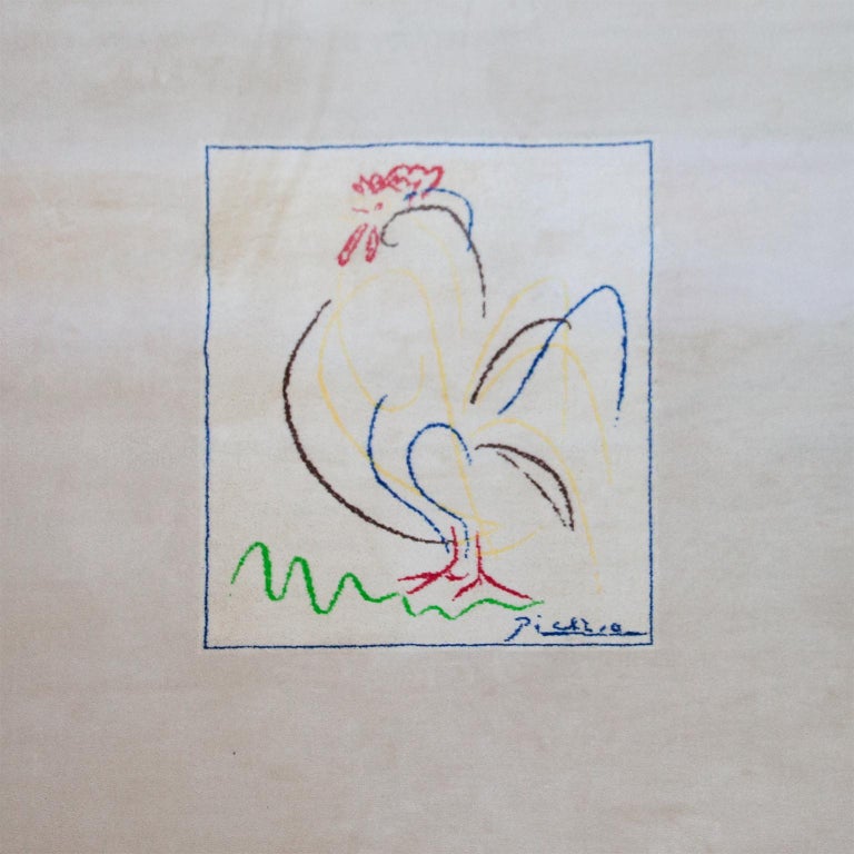 Artist rug after Pablo Picasso, motif ‘Le Coq’, by Desso, Germany, limited edition of 500. Made of pure wool reverse side with label. The rug is from an old storage and was never used. Excellent vintage condition and we made a professional organic