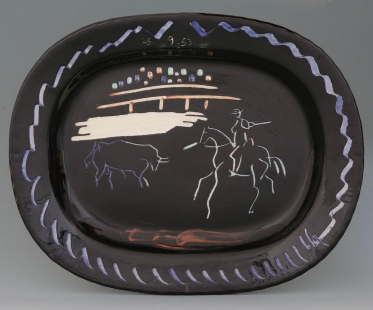 Corrida sur fond noir, Picasso, Multiple, 1950's, Animal, Toros, Spanish, Plate