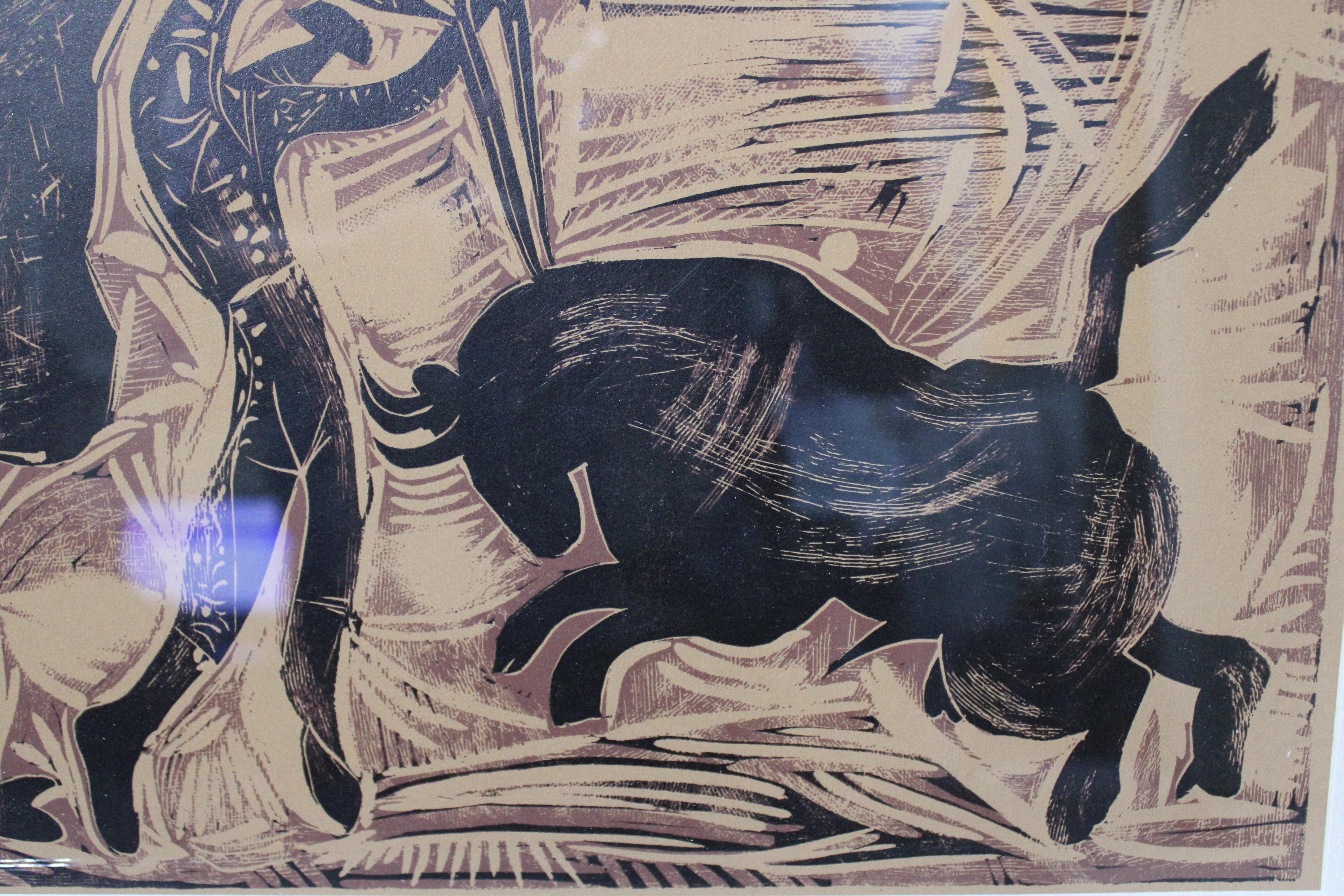 Pablo Picasso's linocuts, a printmaking technique using carved linoleum blocks, showcase his graphic genius and exploration of various themes. He used linocut to create posters and also experimented with techniques like the one-block method for