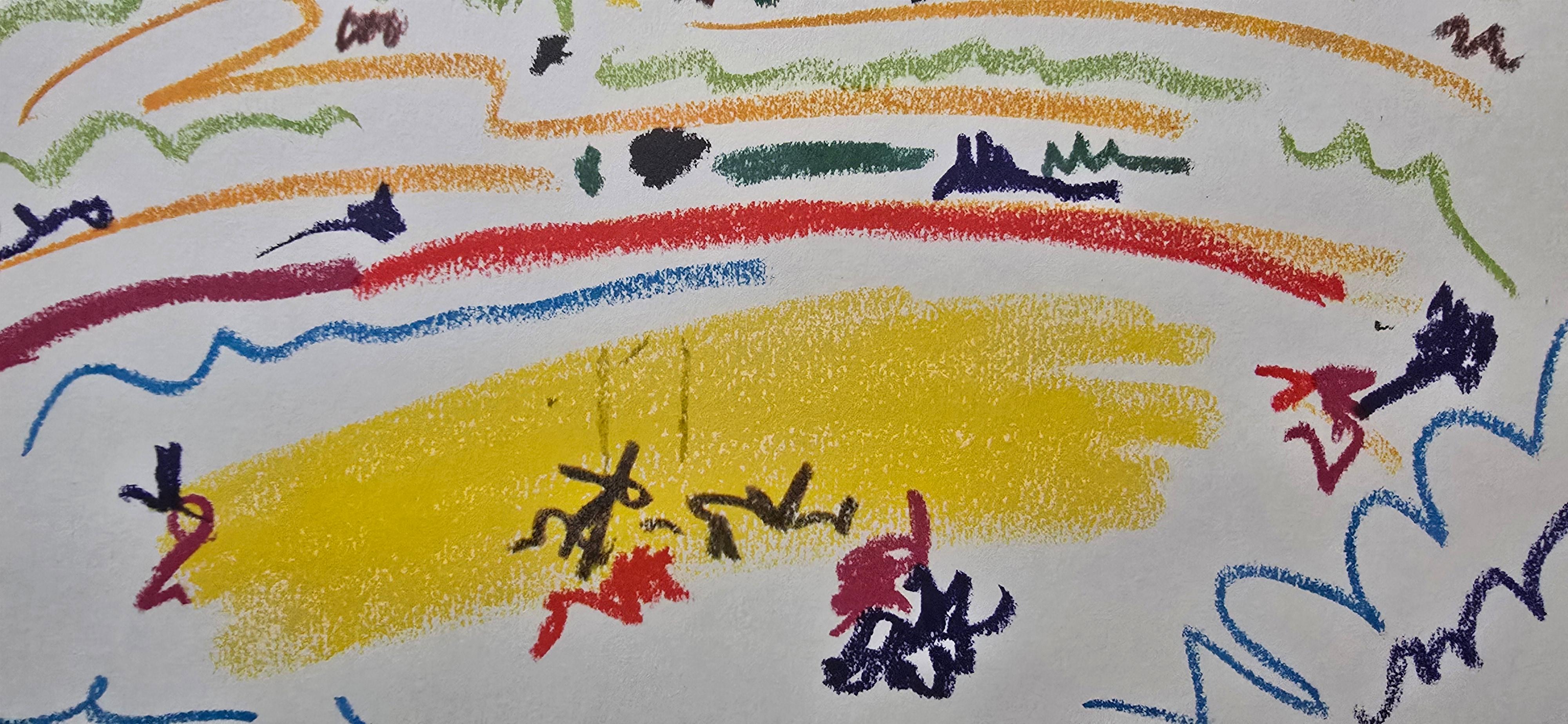 Este cautivador libro, titulado Toros y Toreros, presenta la icónica obra de Pablo Picasso, junto con el perspicaz texto del renombrado torero español Luis Miguel Dominguín. La portada muestra el estilo característico de Picasso, que combina colores