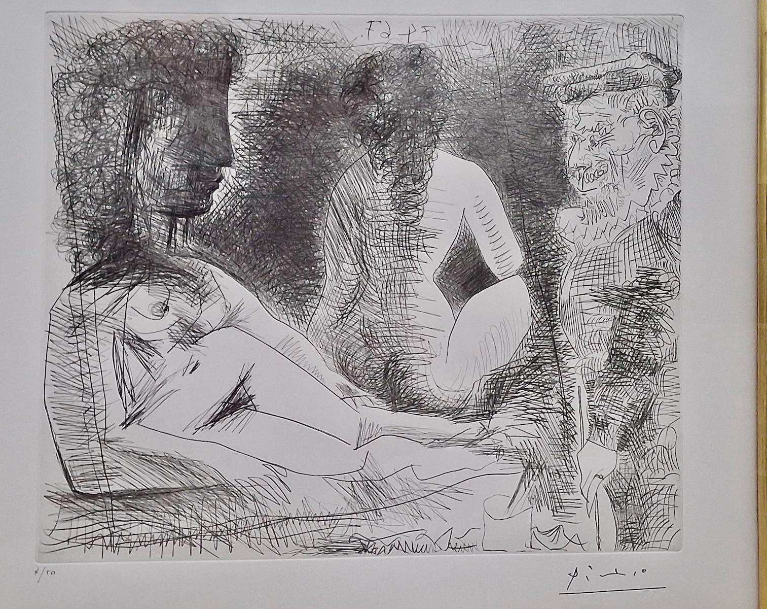 (Ohne Titel) 16.C. Maler mit weiblichen Aktmodellen, Kaltnadel auf Wachs – Painting von Pablo Picasso