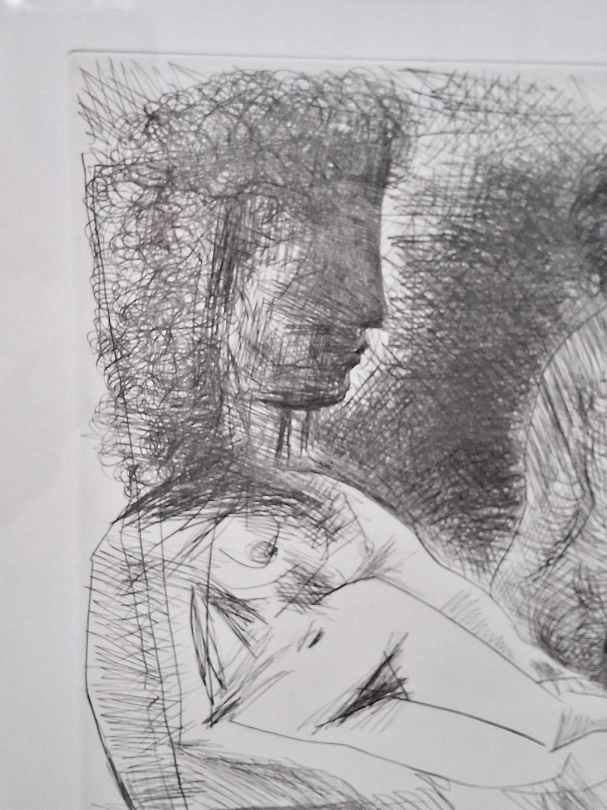 (Ohne Titel) 16.C. Maler mit weiblichen Aktmodellen, Kaltnadel auf Wachs (Moderne), Painting, von Pablo Picasso