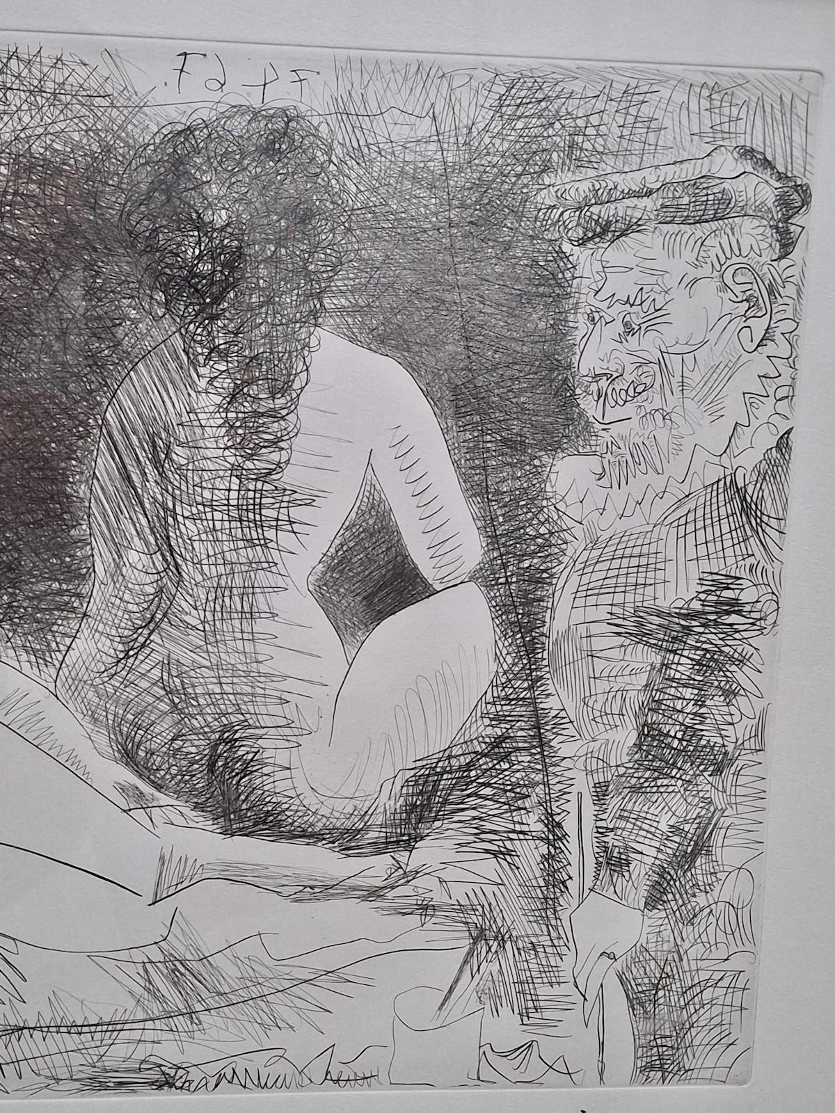 (Ohne Titel) 16.C. Maler mit weiblichen Aktmodellen, Kaltnadel auf Wachs (Braun), Nude Painting, von Pablo Picasso