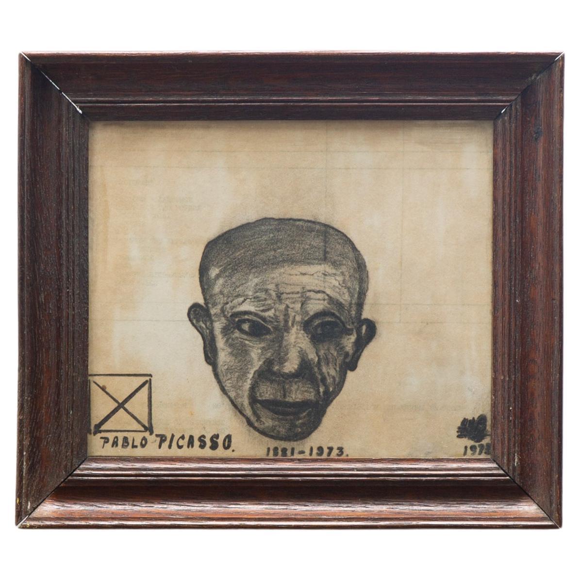 Pablo Picasso Portrait 1970's Charcoal Drawing