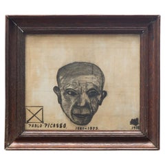 Pablo Picasso Portrait 1970's Charcoal Drawing