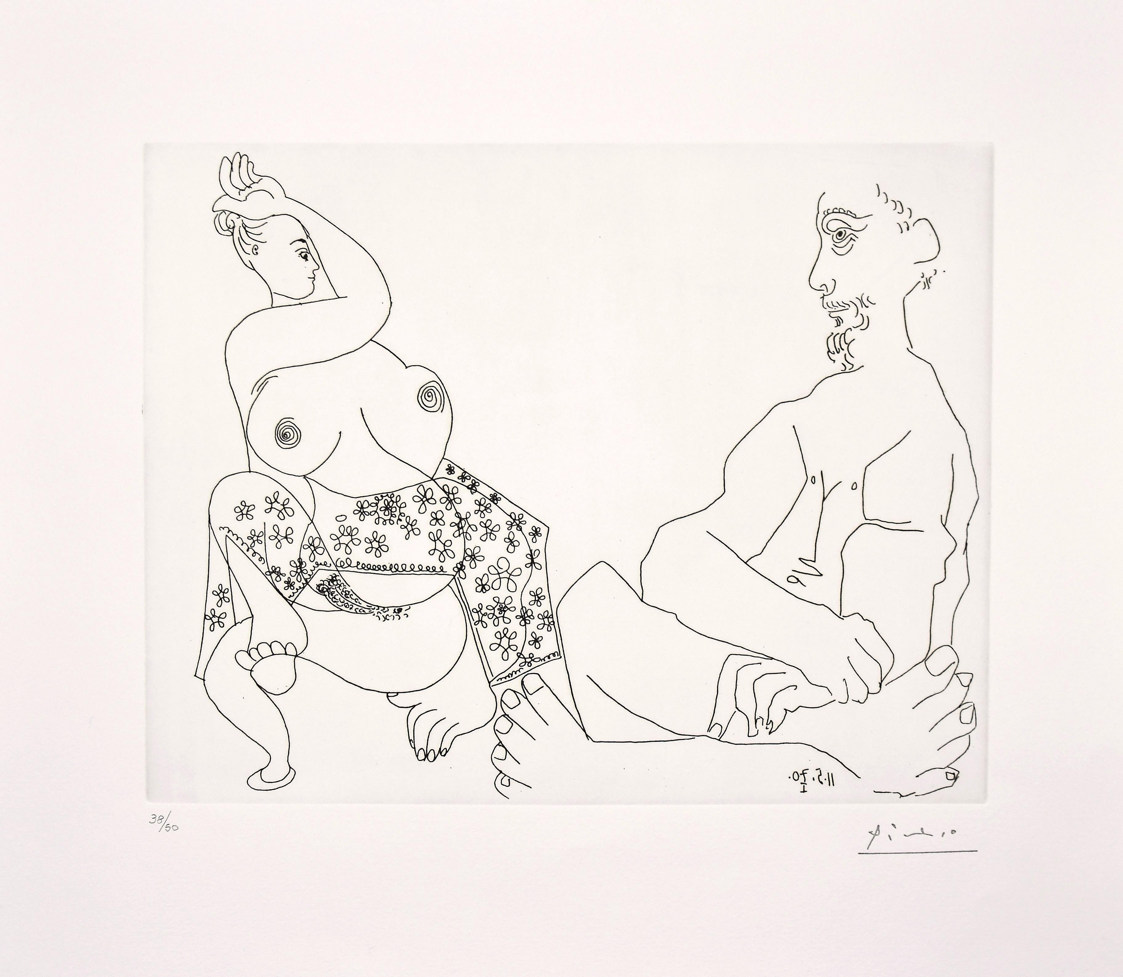 11 mai 1970 II is a beautiful and precious b/w etching realized in 1970 by Pablo Picasso .

Stamped on the lower right margin, numbered in pencil on the lower left margin. Edition of 50 prints . It is plate 43 from Series 156.

Dated on plate on the