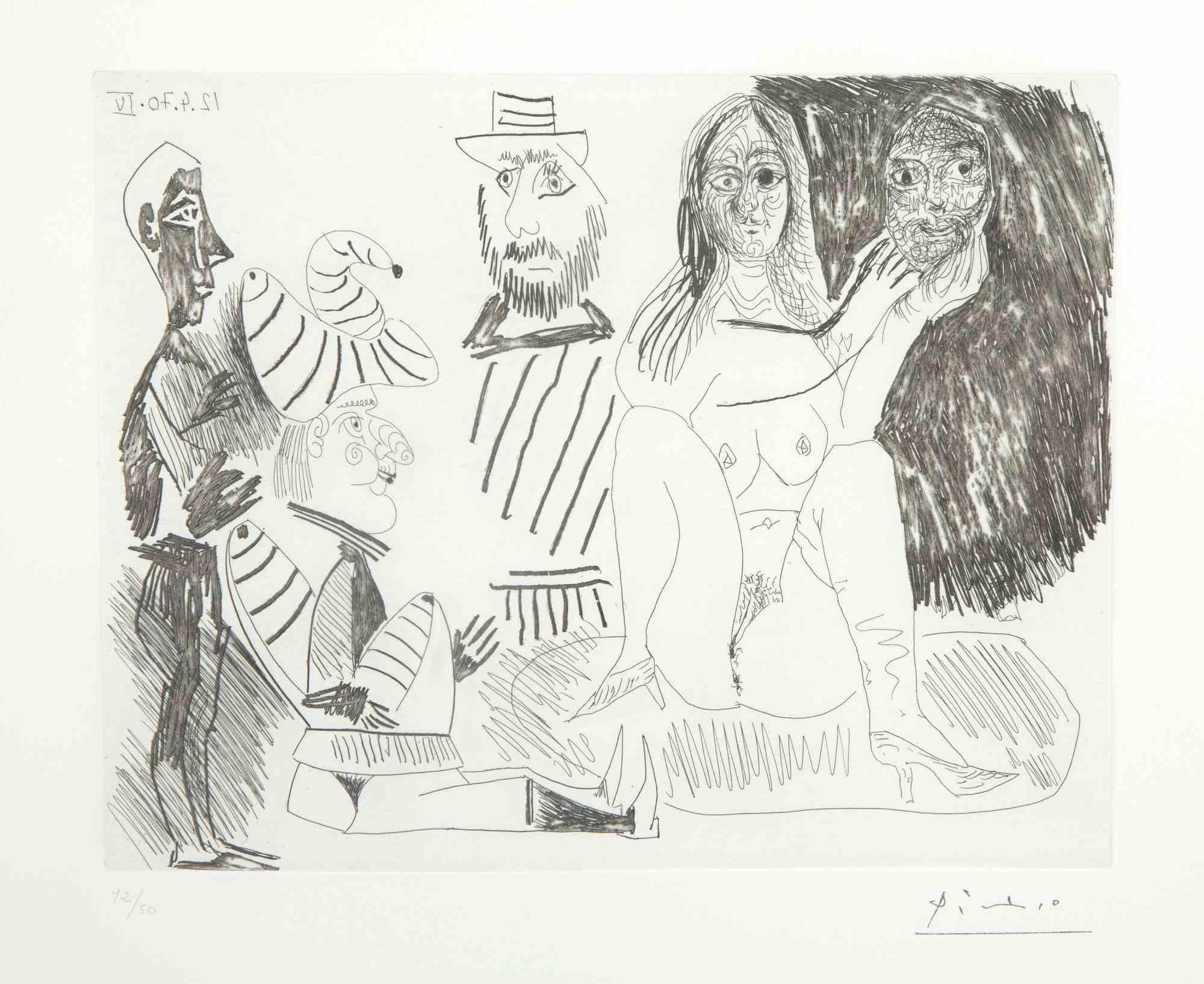 12 Avril 1970 IV is an original Contemporary Artwork realized by Pablo Picasso (Malaga, 1881 - Moujins, 1973) in 1970.

Original B/W Etching on Wove paper. The work is the sheet N. 34 from the series "156 Gravures". This has the stamped signature in