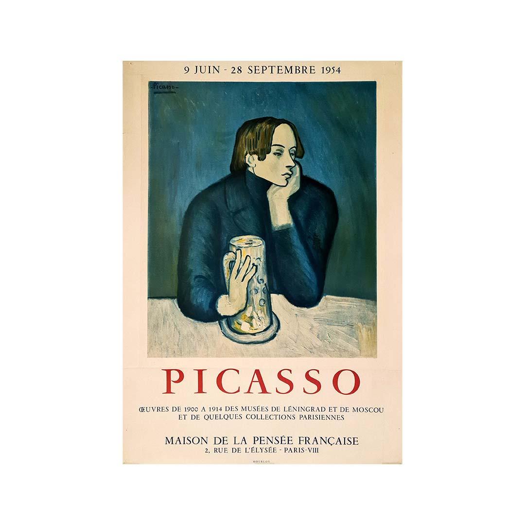 Beautiful exhibition poster for the Maison de la pensée française by Pablo Picasso in 1954.
Works from 1900 to 1914 from the museums of Leningrad and Moscow and some Parisian collections. It is an edition of 1000 copies
Pablo Picasso is one of the