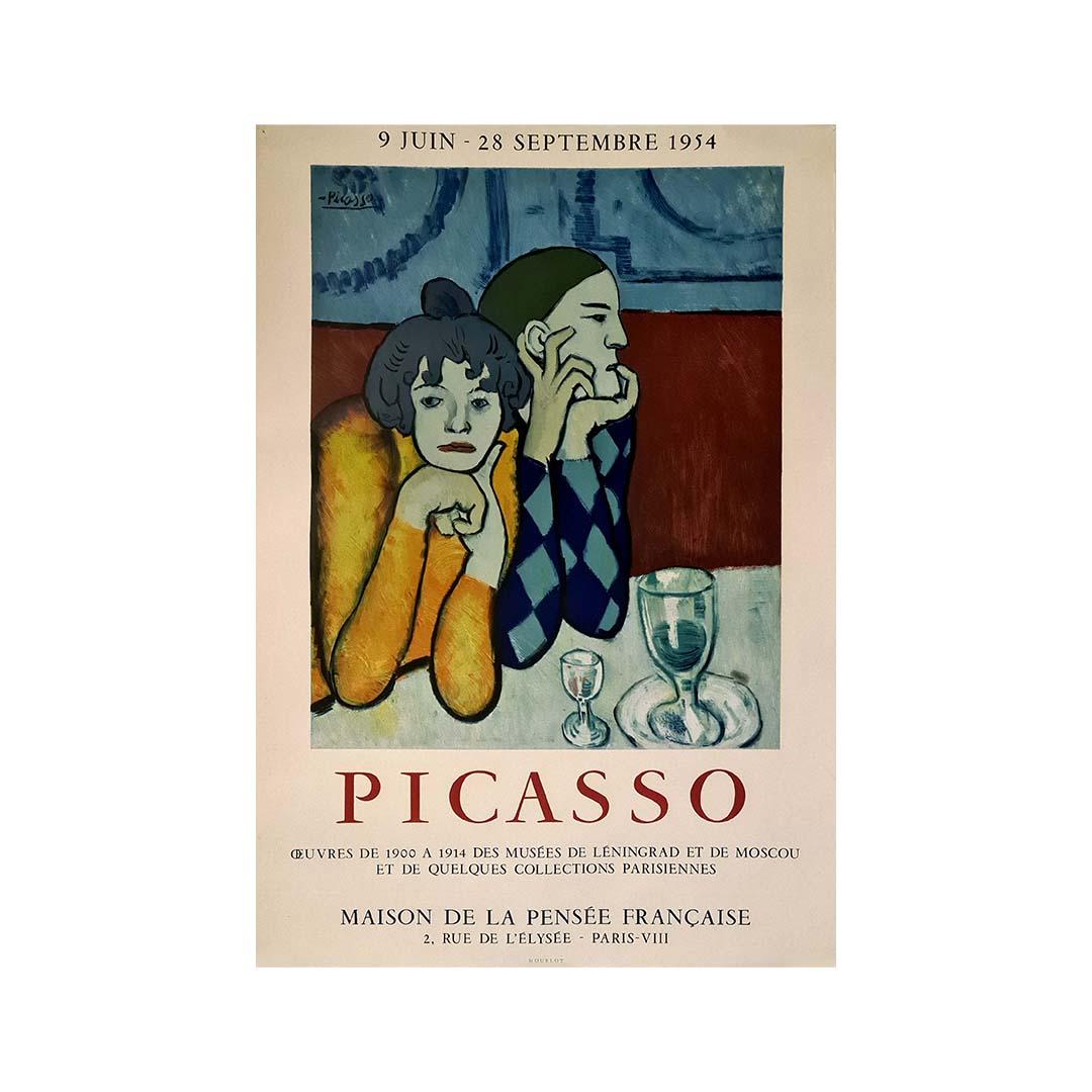 Beautiful exhibition poster for the Maison de la pensée française by Pablo Picasso in 1954.
Works from 1900 to 1914 from the museums of Leningrad and Moscow and some Parisian collections. It is an edition of 1000 copies
Pablo Picasso is one of the