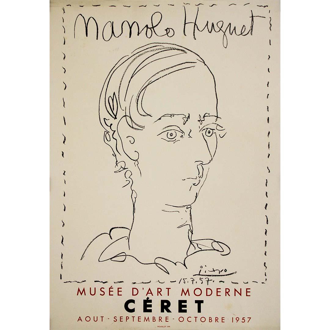 Das Original-Ausstellungsplakat von Pablo Picasso aus dem Jahr 1957 kündigt eine außergewöhnliche Veranstaltung im Musée d'Arts Moderne in Céret an, bei der das Werk des berühmten Künstlers an der Seite von Manolo Huguet gezeigt wird. Dieses Plakat