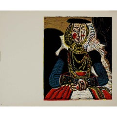 1958 linogravure di Pablo Picasso : Buste de femme d'après Cranach le jeune