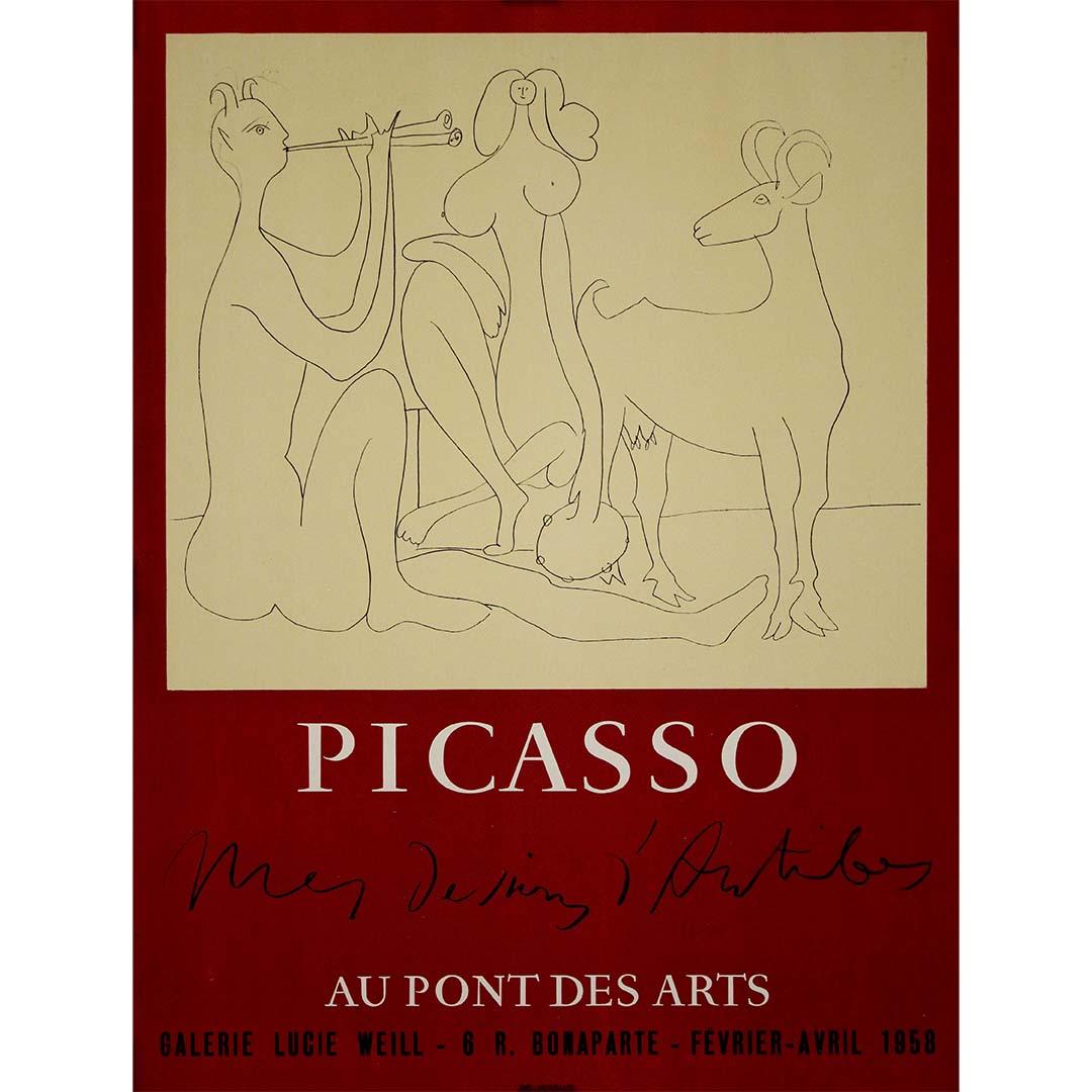 Das Originalplakat der Ausstellung "Mes Dessins d'Antibes" von Pablo Picasso, das 1958 in der Galerie Lucie Weill ausgestellt und von Mourlot gedruckt wurde, bietet einen fesselnden Einblick in die zeichnerische Auseinandersetzung des produktiven