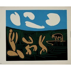 1959 linogravure by Pablo Picasso : Bacchanale au taureau