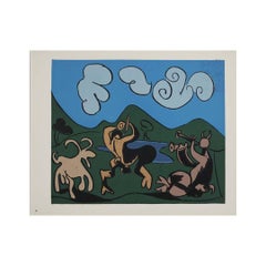 1959 linogravure de Pablo Picasso : Faunes et chèvre