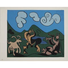 1959 linogravure de Pablo Picasso : Faunes et chèvre